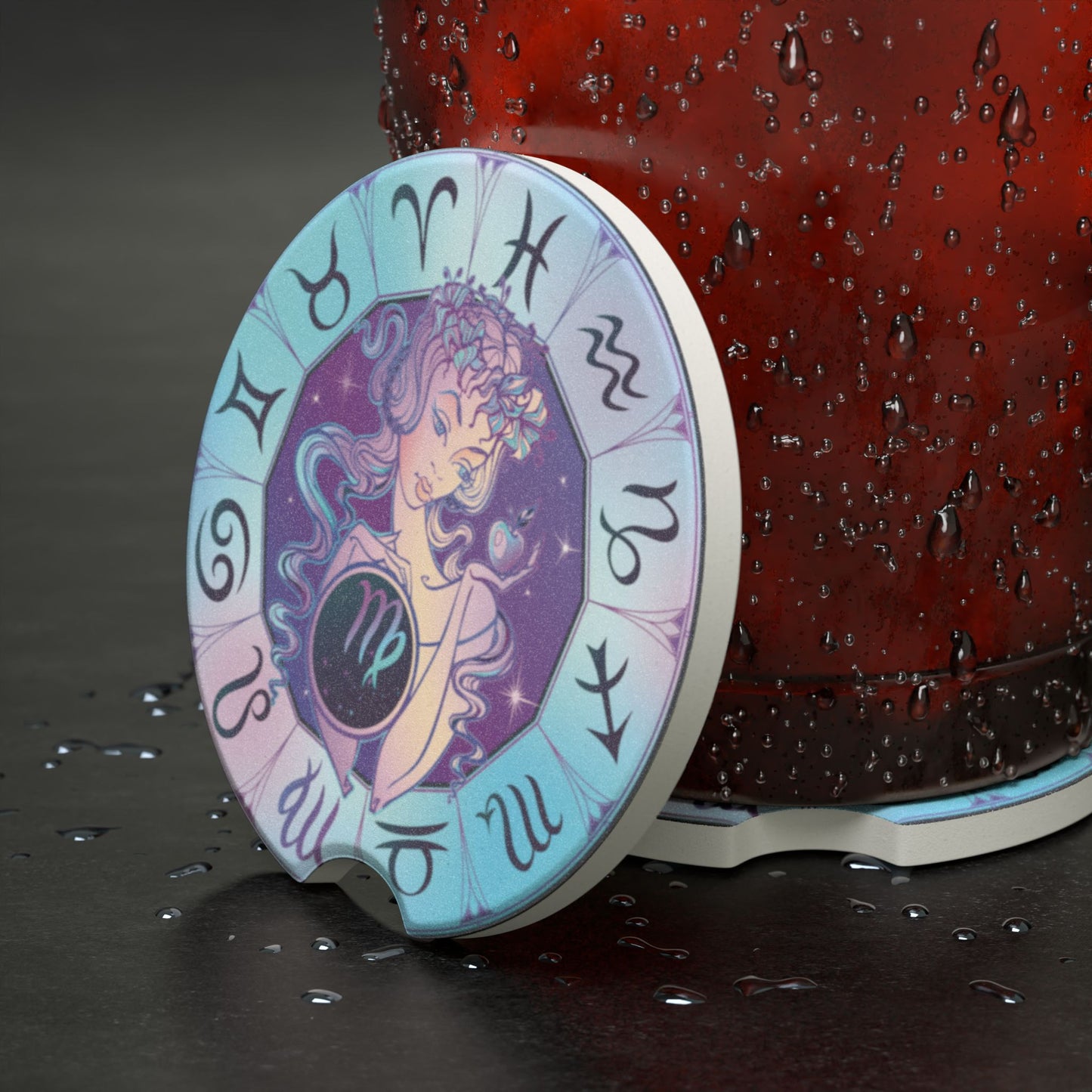 Virgo Zodiac Soapstone Car Coaster — Pastel Astrology Car Cup Holder Mat
