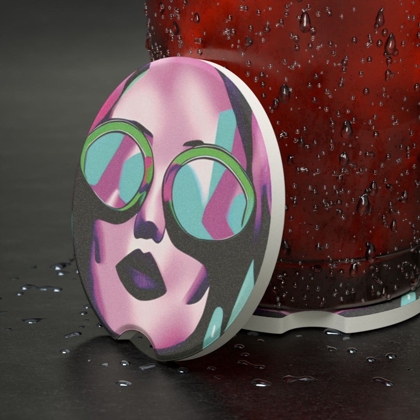 Retro Neon Woman Soapstone Car Coaster — Pink & Teal Woman In Sunglasses Design