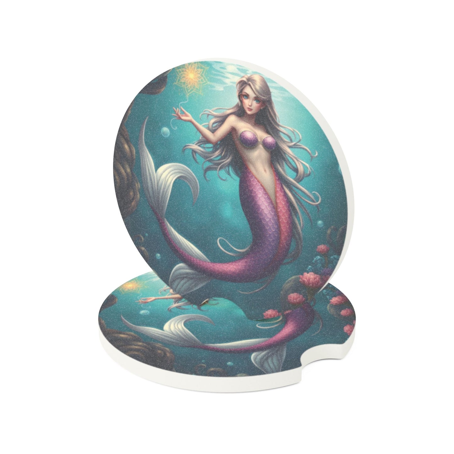 Mermaid Soapstone Car Coaster — Round Absorbent Cup Holder Insert