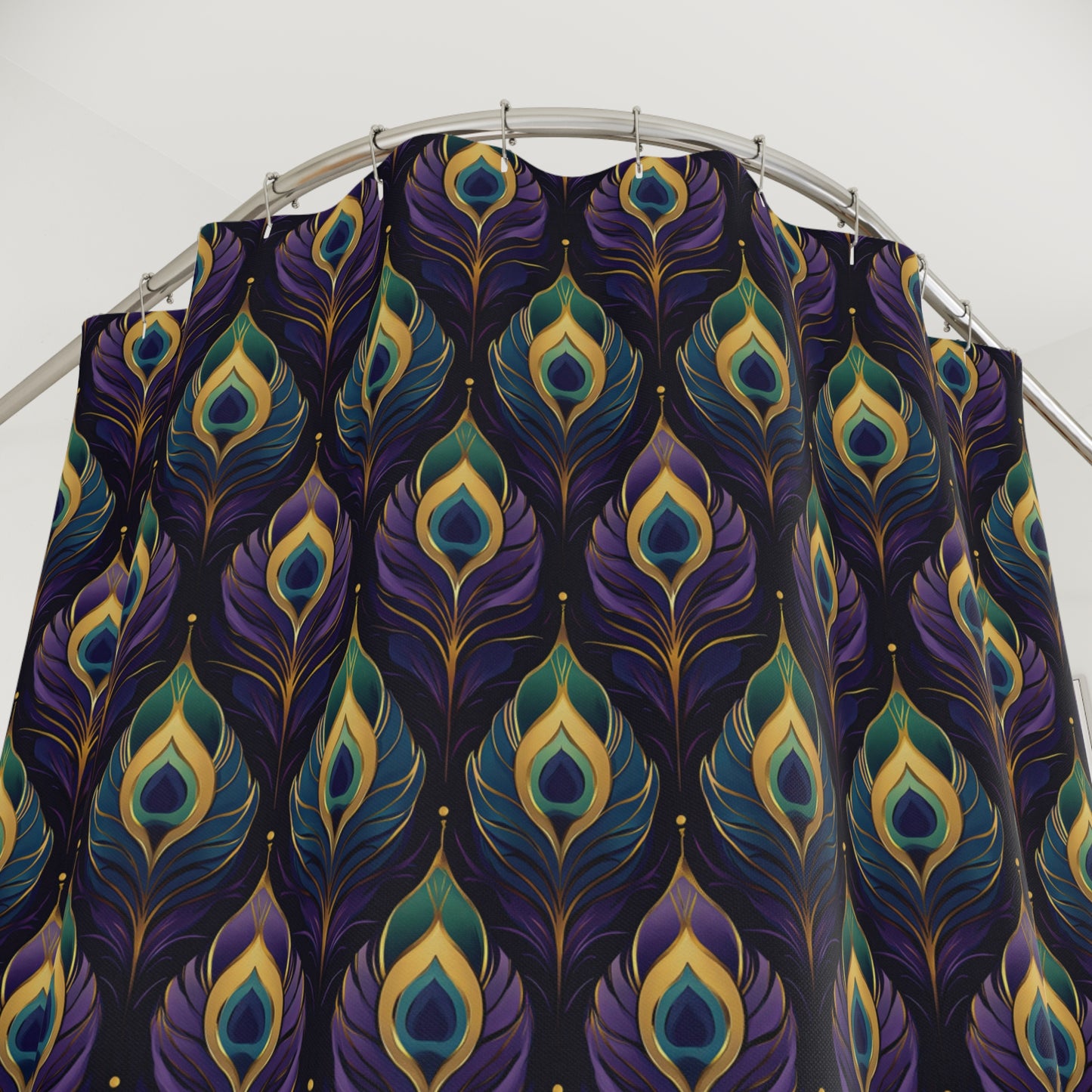 Peacock Feather Pattern Shower Curtain — Dark Teal & Gold Bathroom Decor