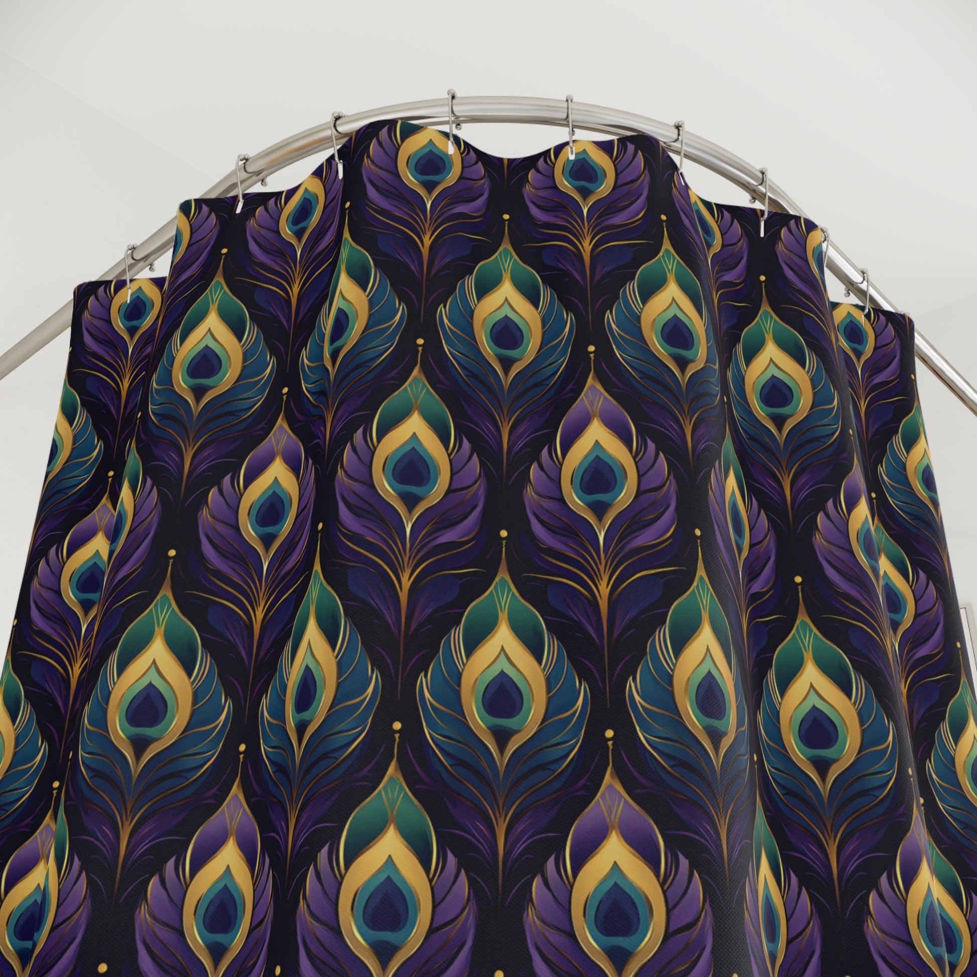 Peacock Feather Pattern Shower Curtain — Dark Teal & Gold Bathroom Decor