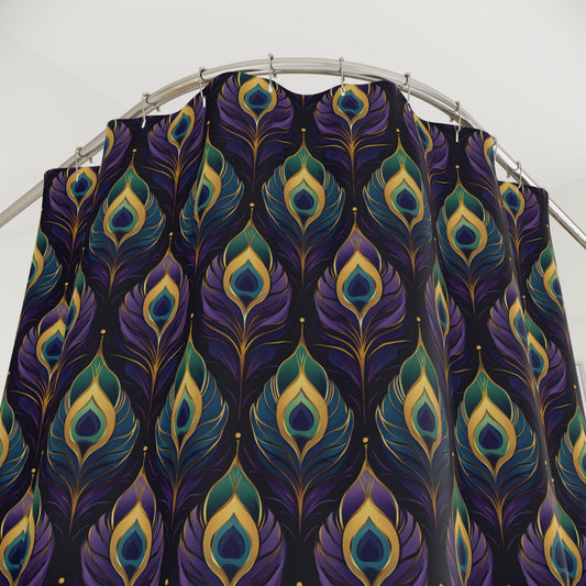 Peacock Feather Pattern Shower Curtain — Dark Teal & Gold Bathroom Decor