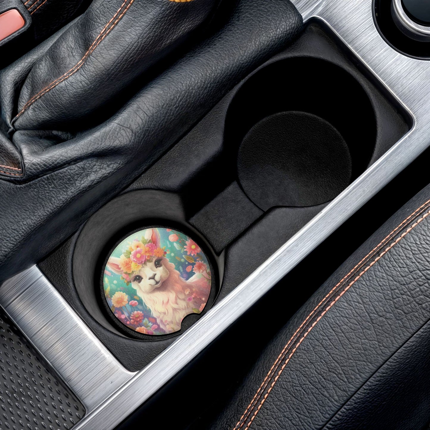 Cute Floral Llama Car Coaster — Soapstone Drink Coaster for Cupholders