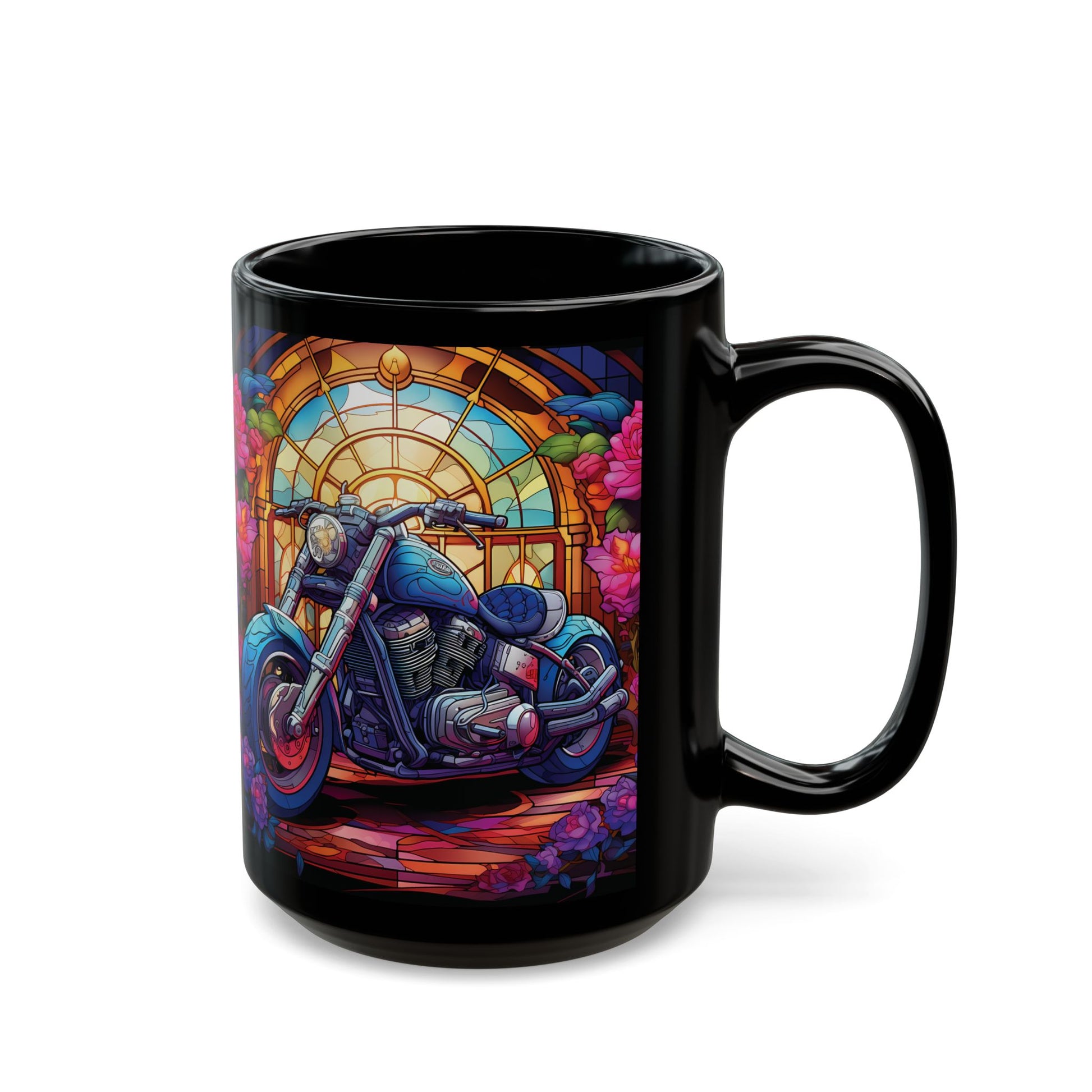 Motorcycle Stained Glass Black Mug — Colorful Cruiser Bike Coffee Cup (15oz)