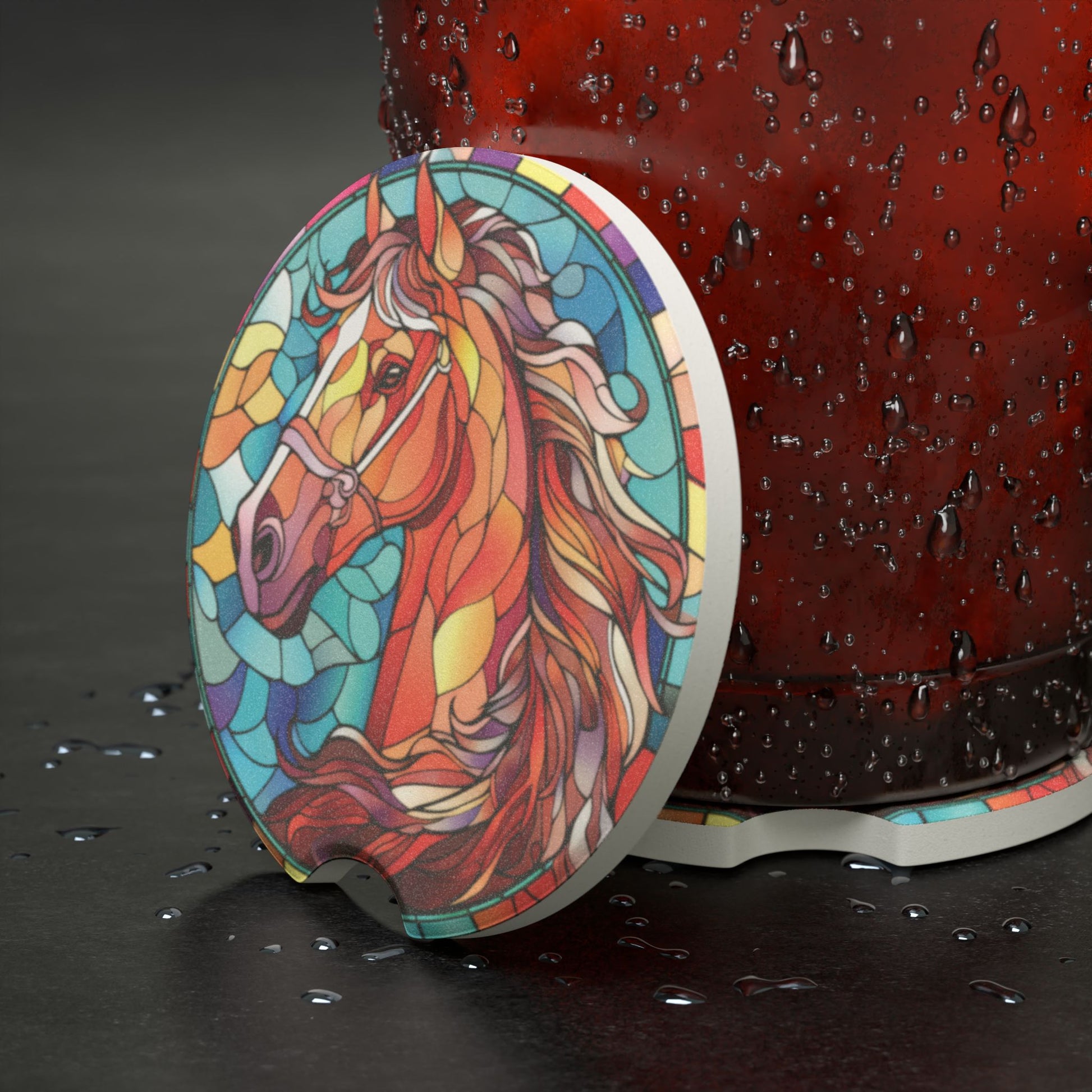 Stained Glass Horse Soapstone Car Coaster — Colorful Equestrian Drink Coaster