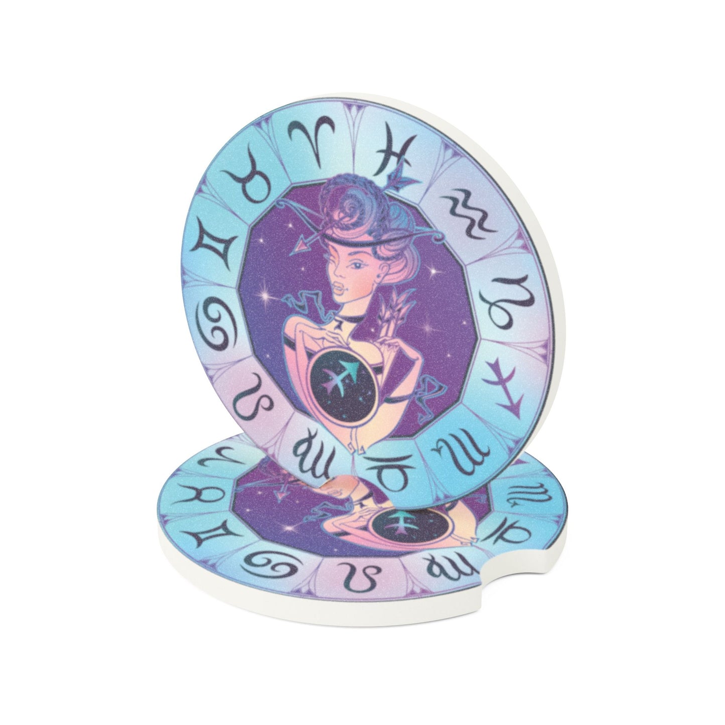 Sagittarius Soapstone Car Coaster — Zodiac Wheel with Cosmic Mystic Illustration