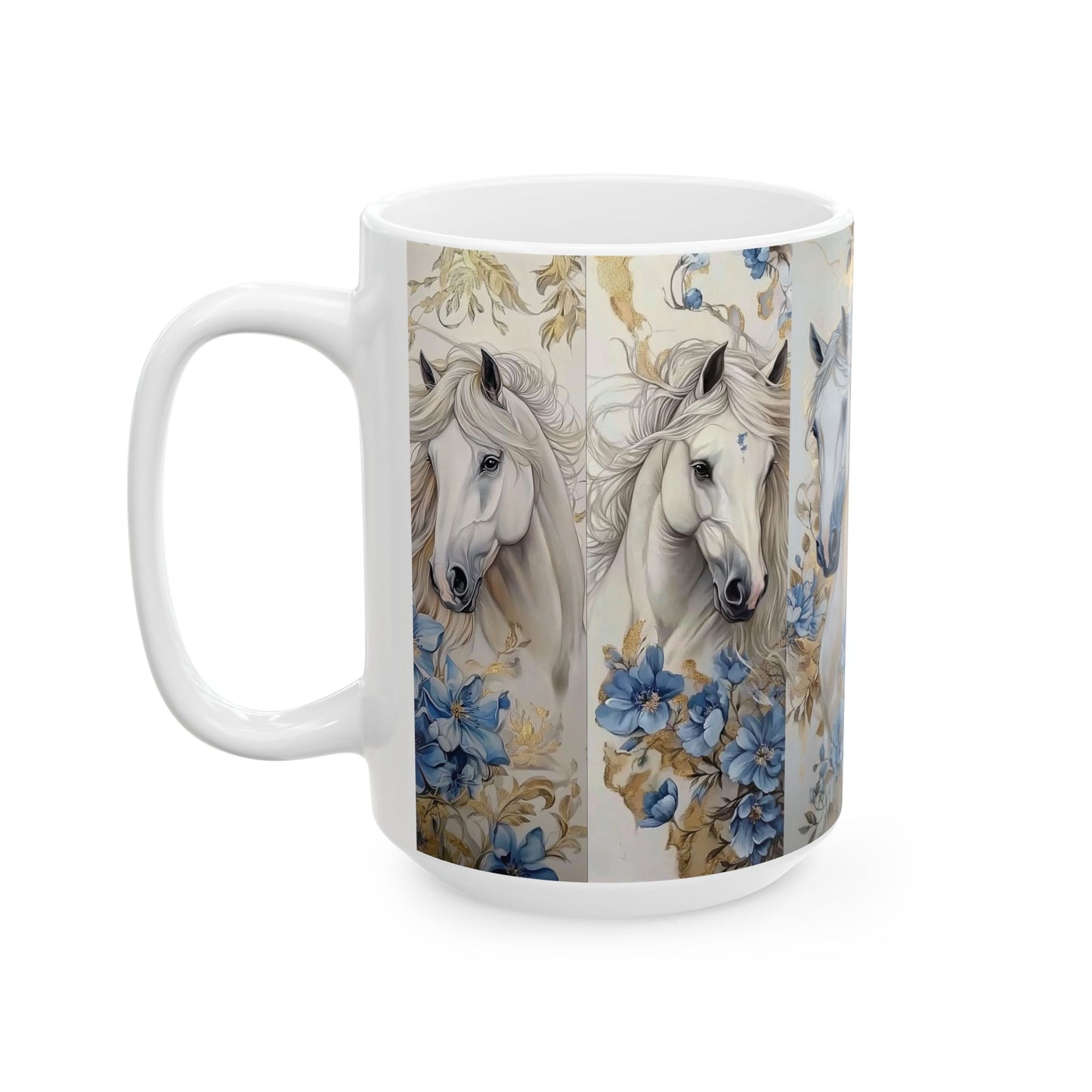 Horse Floral Ceramic Mug — Elegant White Horse Coffee Cup (15oz)