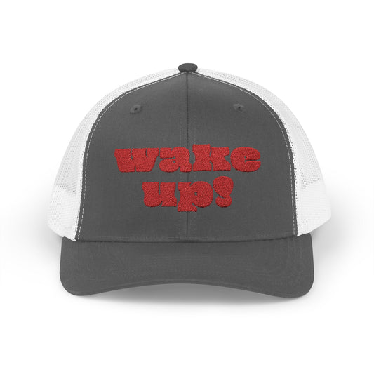 "Wake Up!" Snapback Trucker Cap, Fun Hat for Morning Motivation