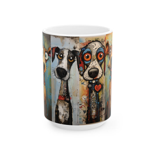 Colorful Whimsical Dogs Ceramic Mug — Cute Artistic Dog Portrait Coffee Cup (15oz)