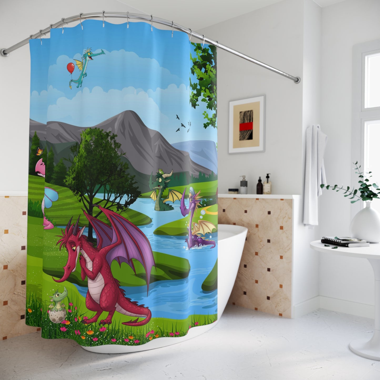 Dragon Meadow Shower Curtain — Whimsical Kids Fantasy Bathroom Decor