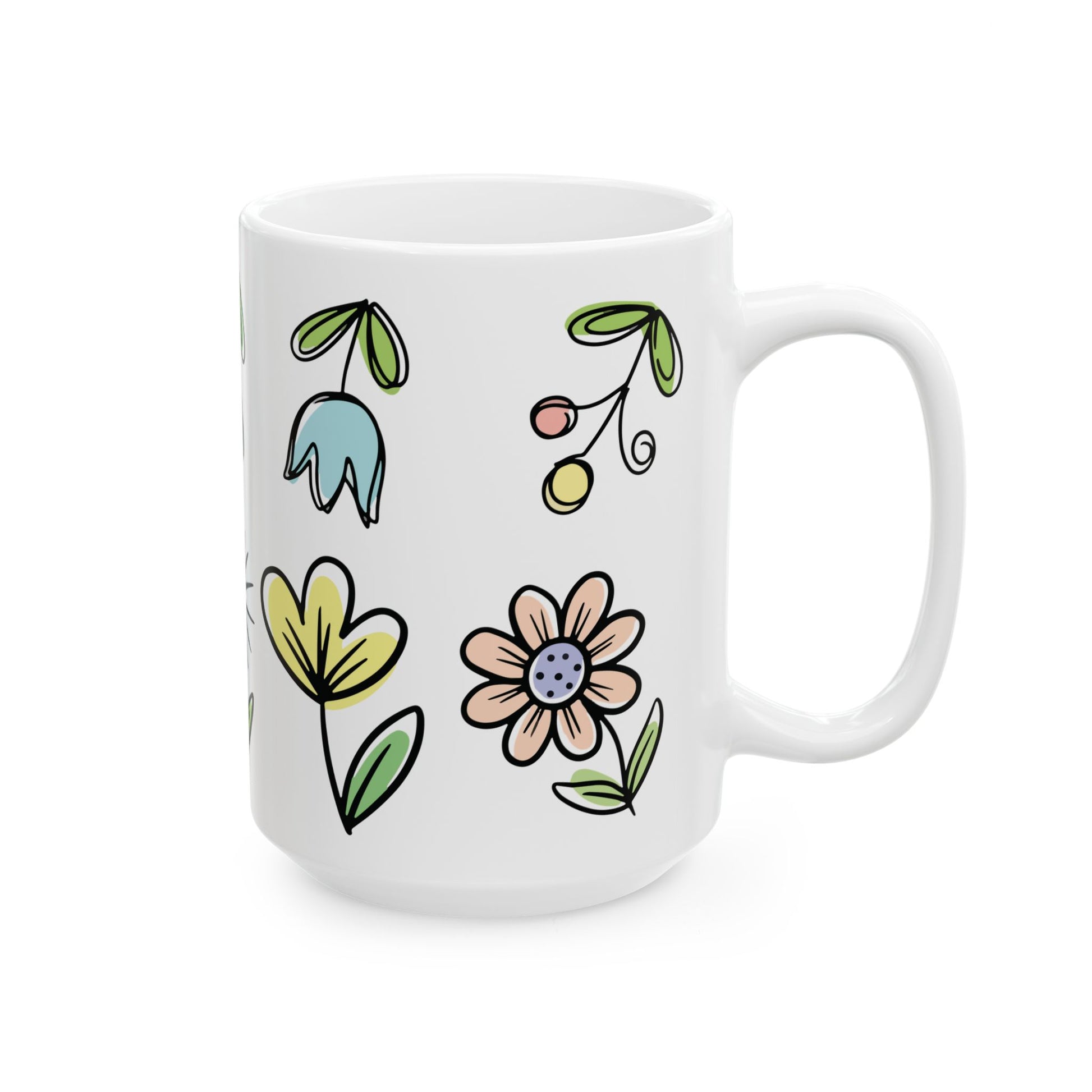 Floral Doodles Ceramic Mug — Pastel Hand-Drawn Flowers (15oz)