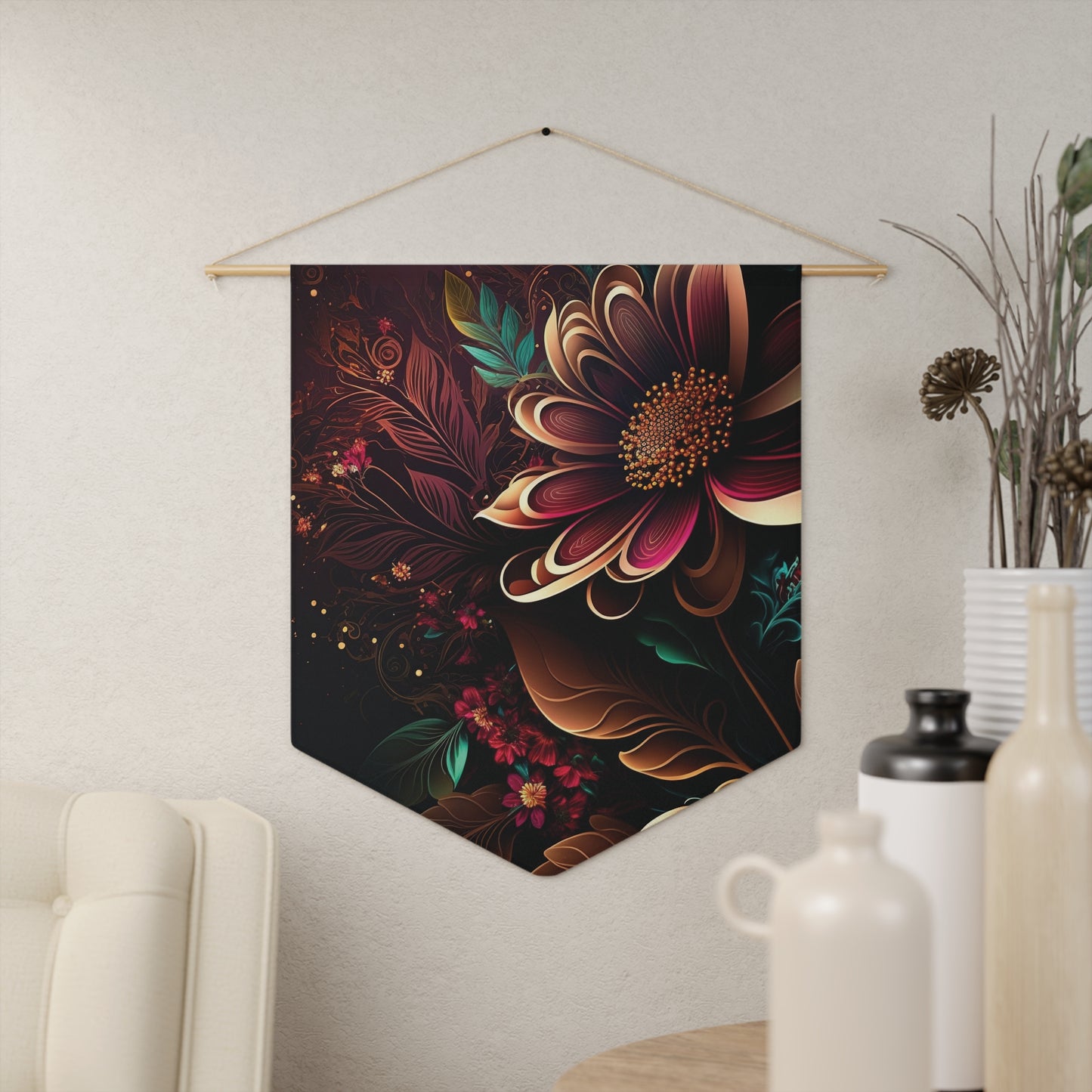 Autumn Bloom Pennant Wall Banner — Dark Floral Decorative Flag