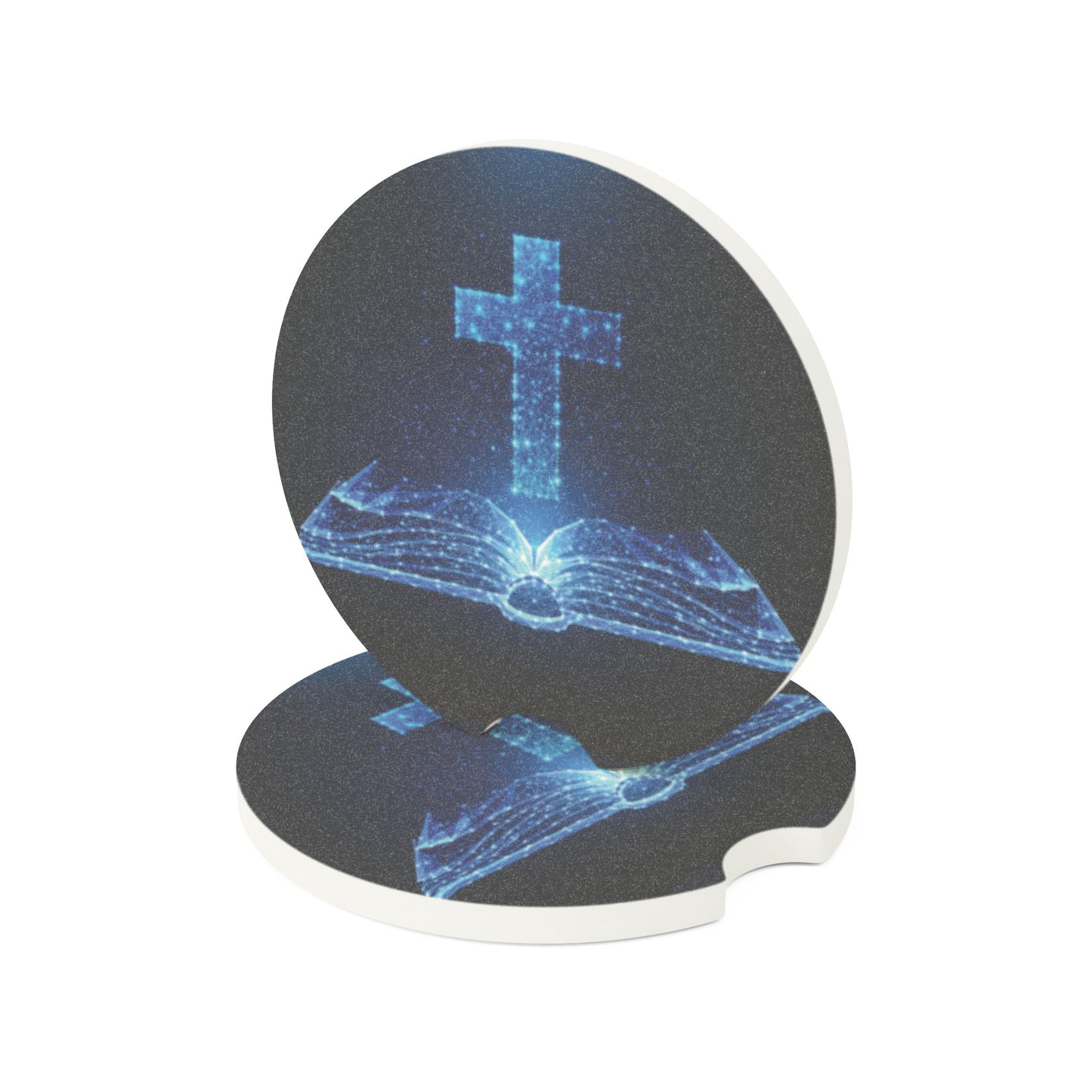 Soapstone Car Coaster - Blue Cross & Open Bible Religious Car Cup Holder Coaster