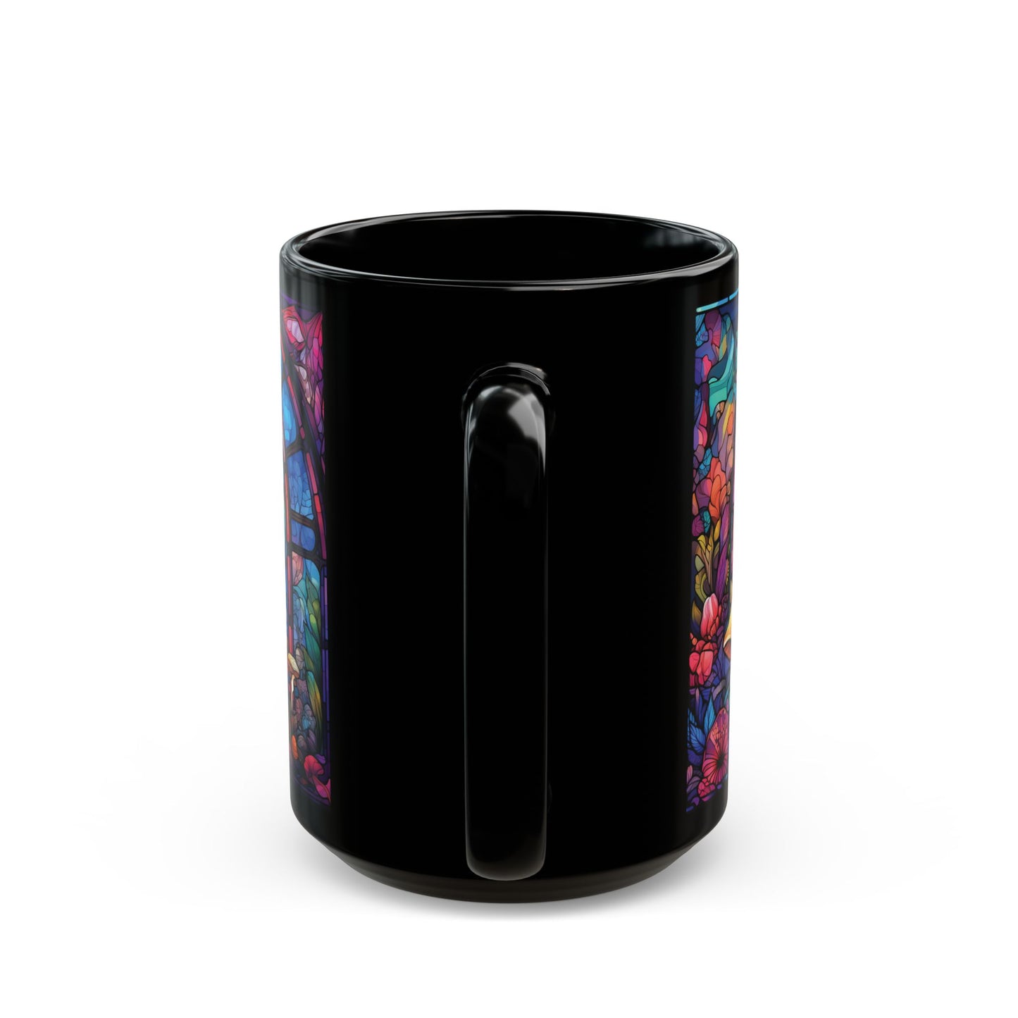 Stained Glass Mushroom Black Mug – Psychedelic Fungi Coffee Cup (15oz)