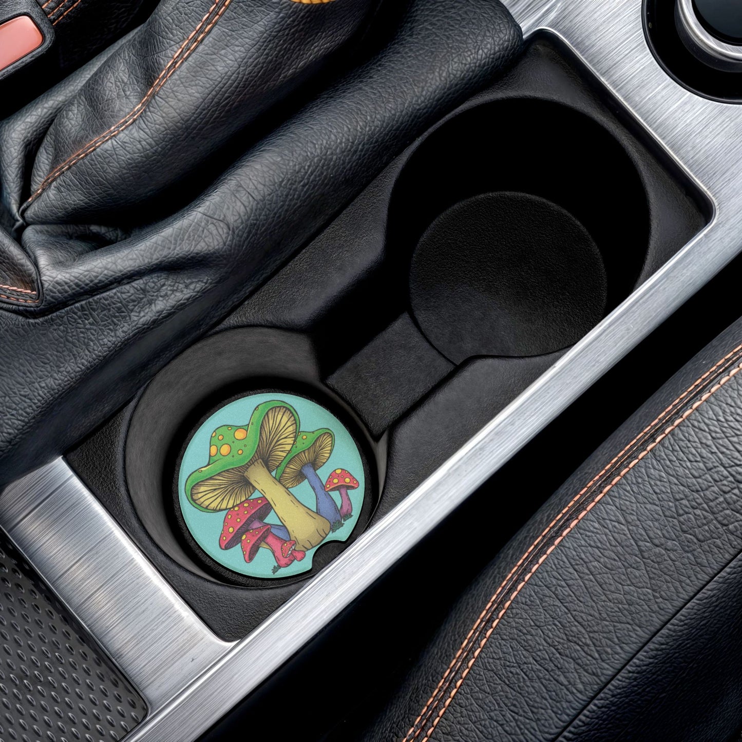 Mushroom Art Soapstone Car Coaster — Colorful Psychedelic Fungi Design
