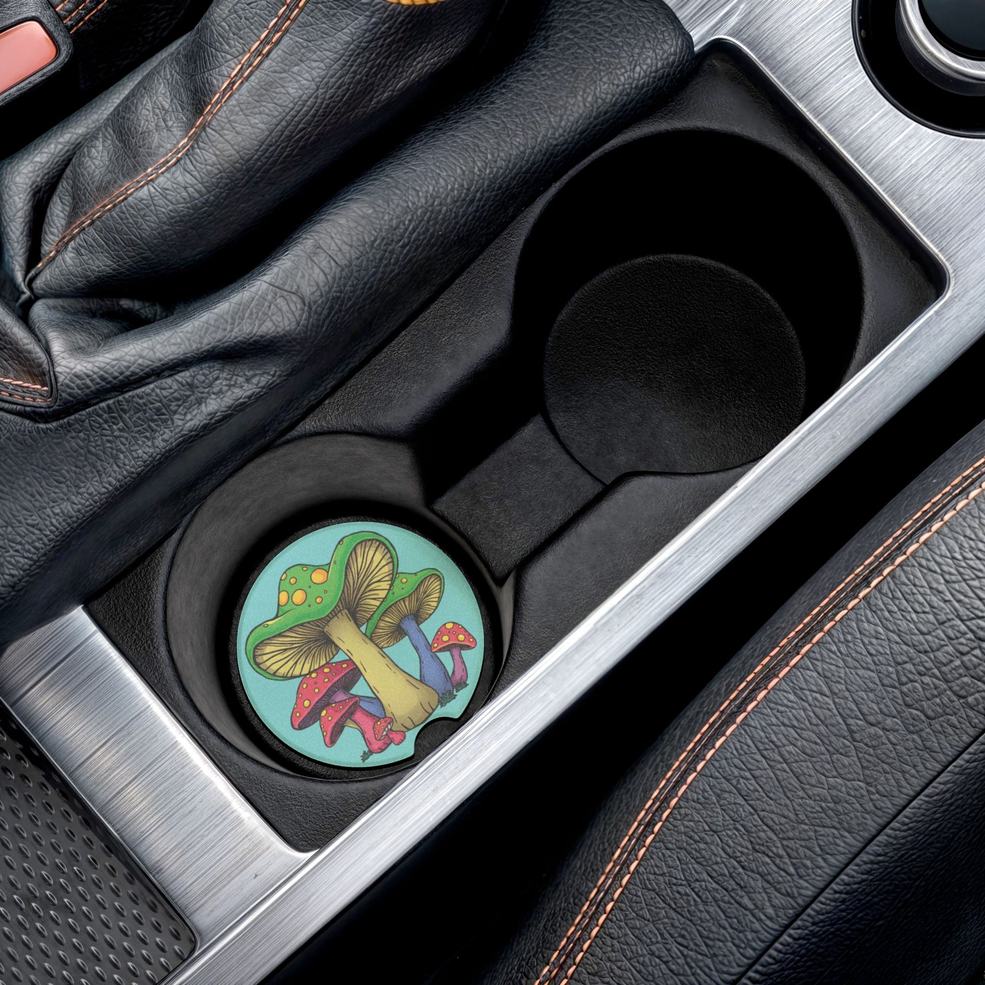 Mushroom Art Soapstone Car Coaster — Colorful Psychedelic Fungi Design