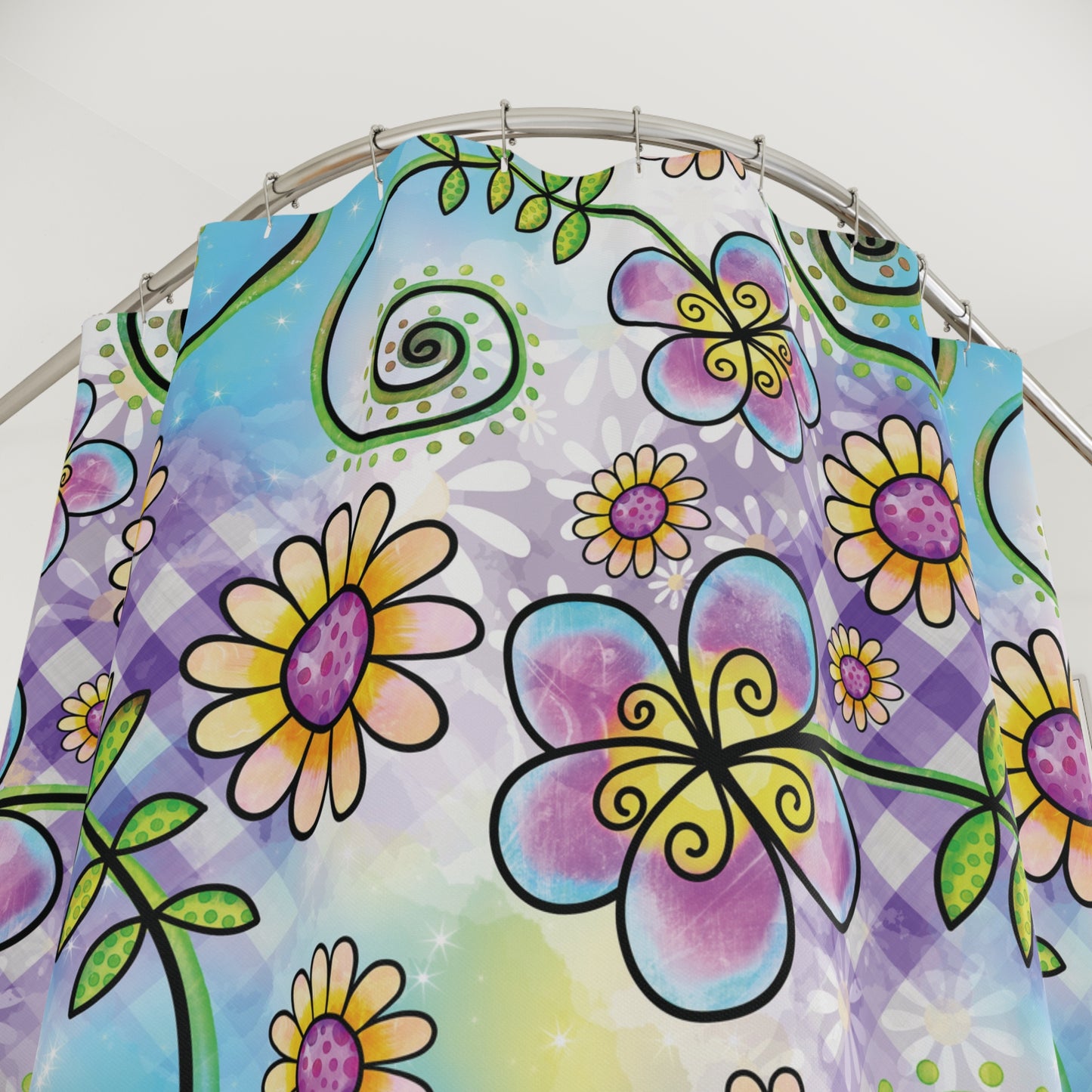 Floral Whimsy Shower Curtain — Bright Daisies & Swirls Bathroom Decor