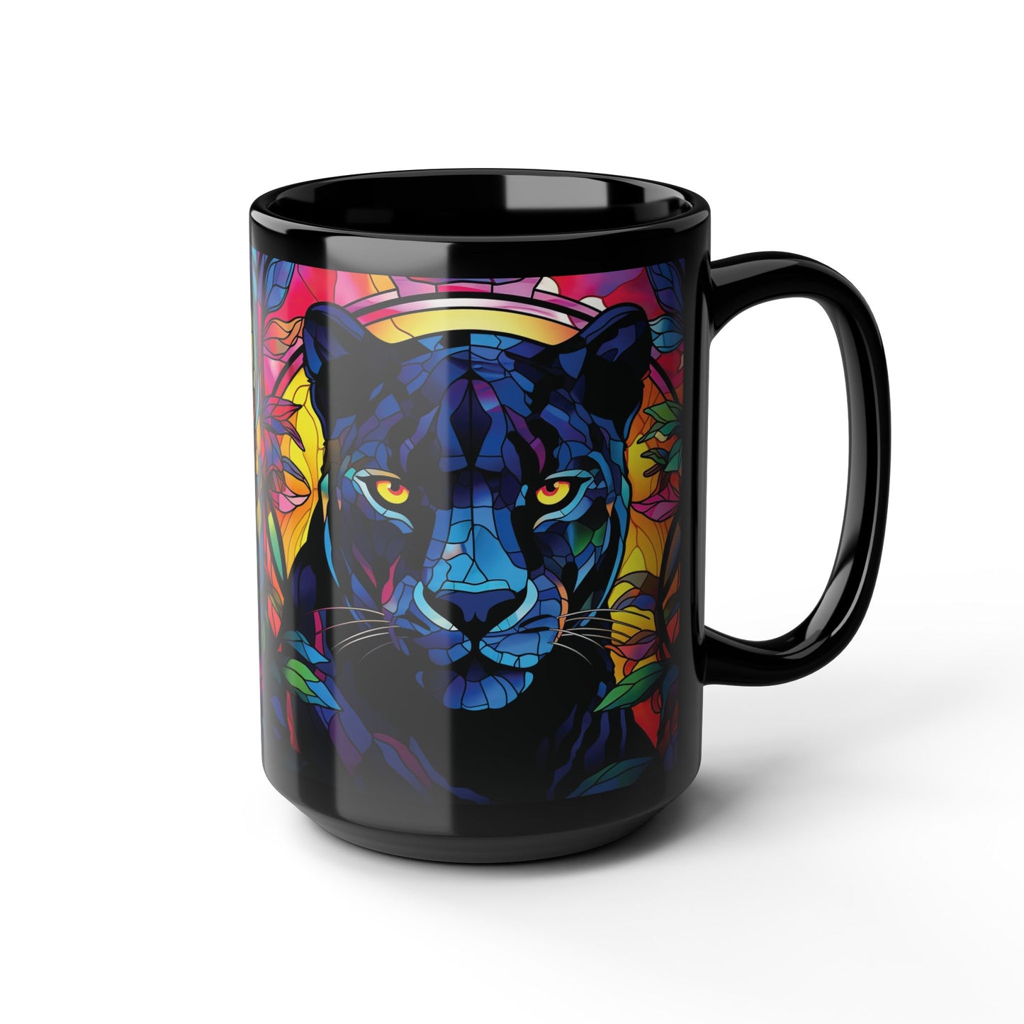 Black Panther Stained Glass Art Mug — Colorful Panther Coffee Cup (15oz)