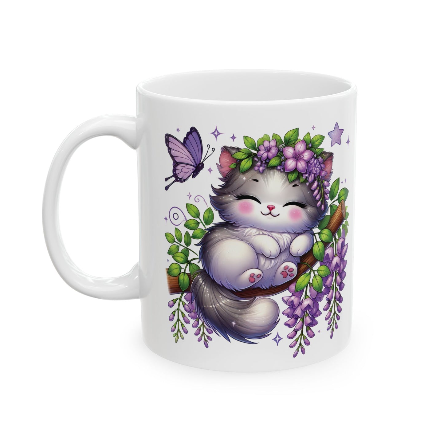 Floral Kitty And Chinchilla Ceramic Mug (11oz) — Spring Blooms And Sleepy Animals Coffee Cup
