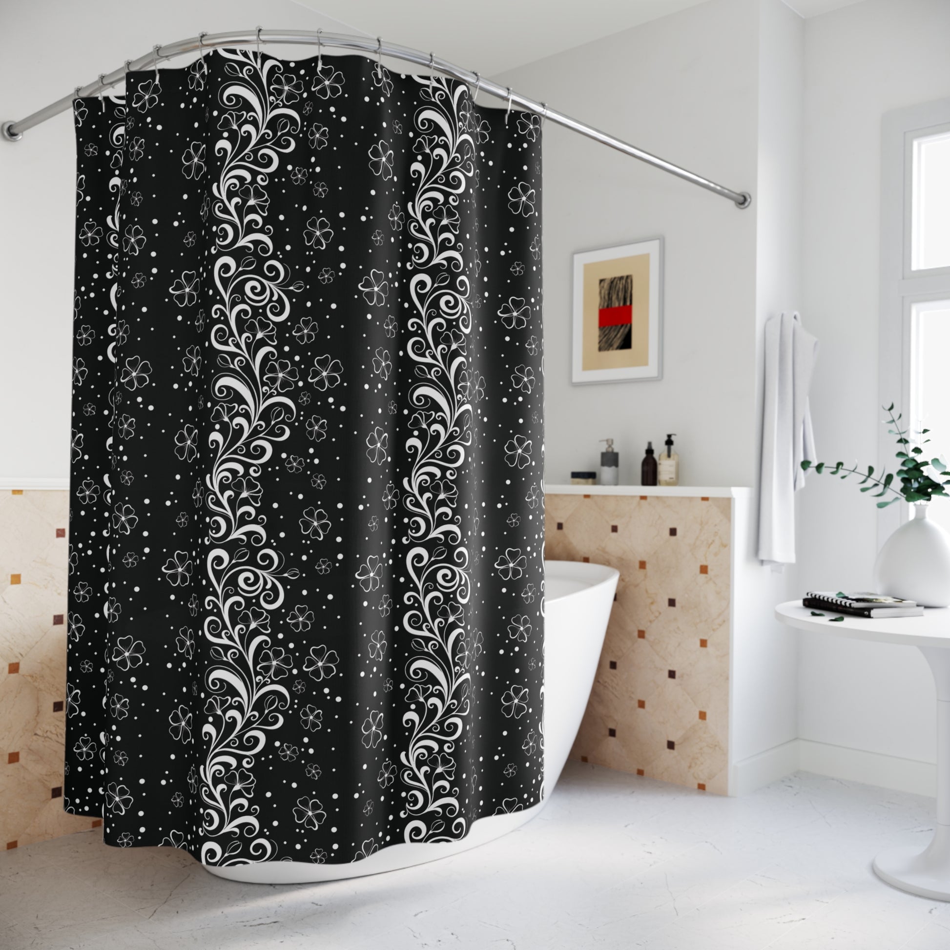 Floral Scroll Black Shower Curtain — Elegant White Vine Pattern for Modern Bathrooms
