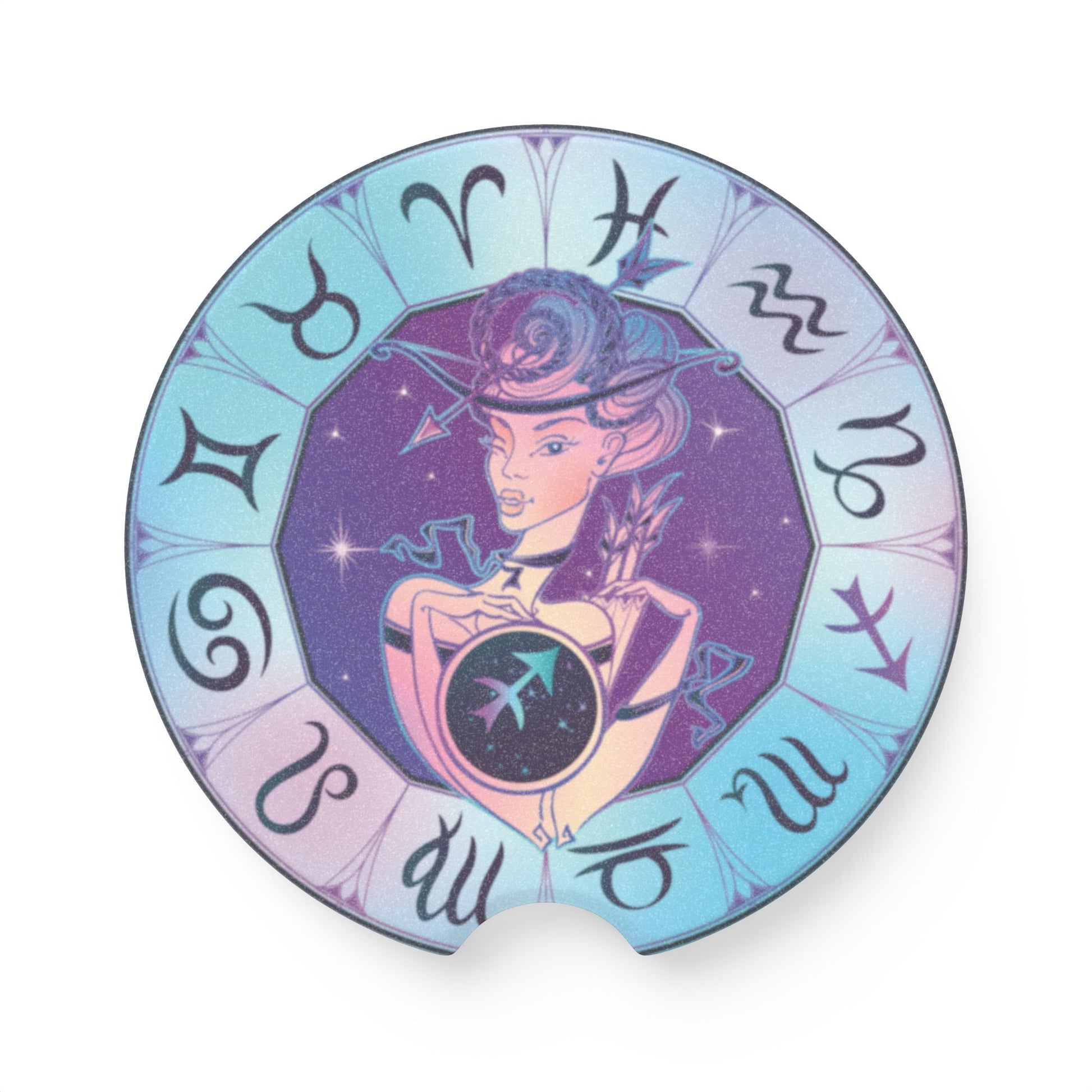 Sagittarius Soapstone Car Coaster — Zodiac Wheel with Cosmic Mystic Illustration