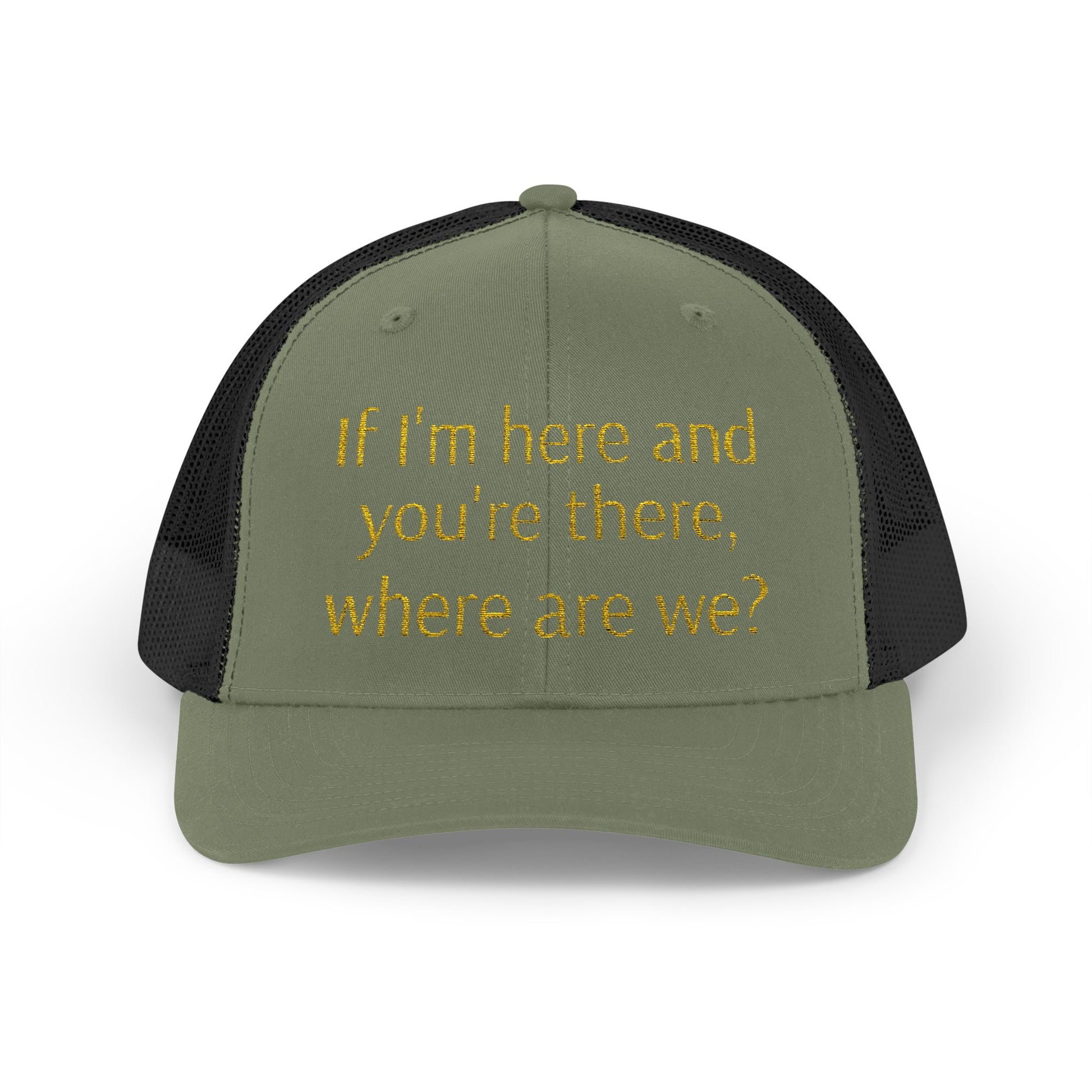 Philosophical Snapback Cap: Reflective Trucker Hat "If I'm here and you're there, where are we?" Humor