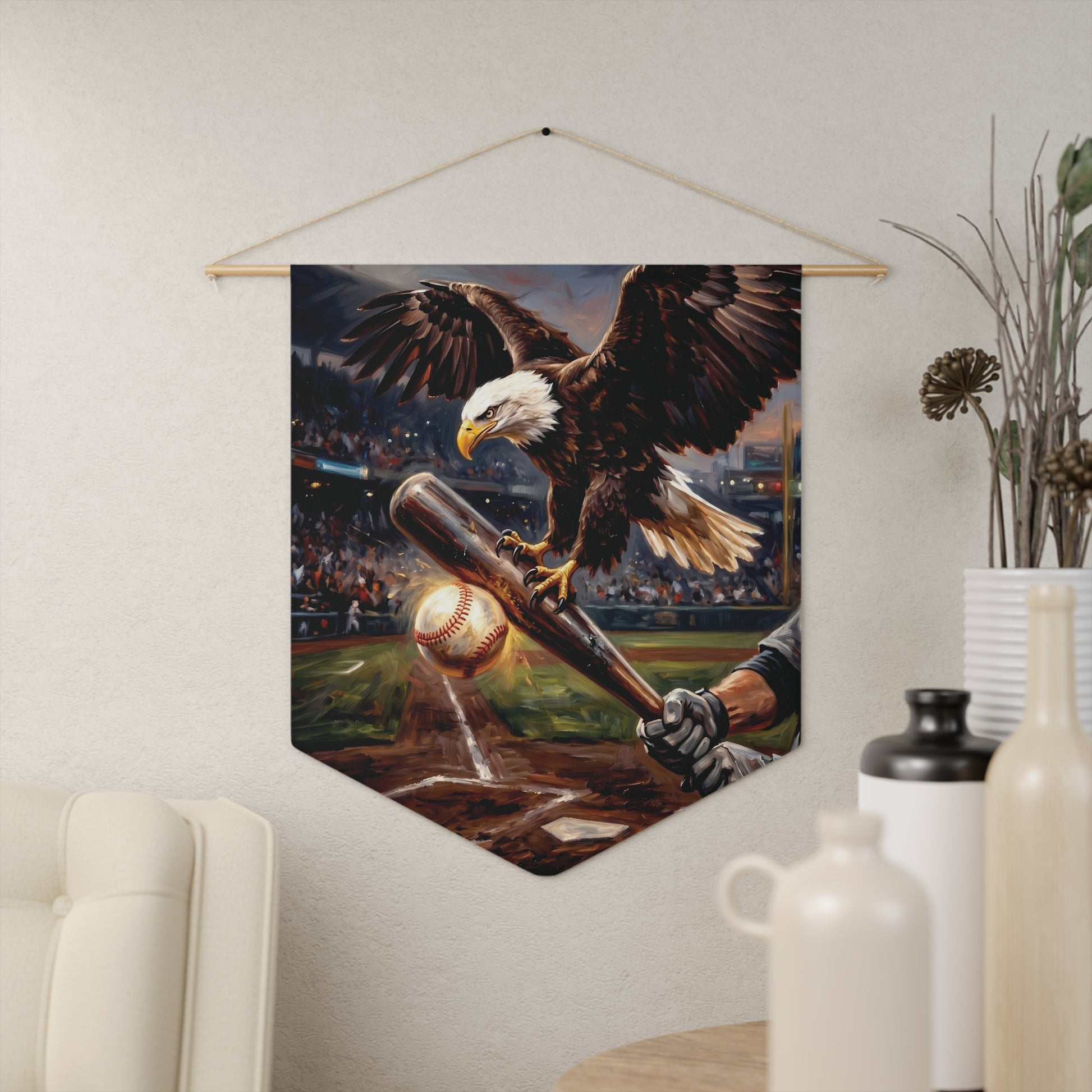 Baseball Eagle Pennant Wall Banner — Patriotic Sports Decor for Home or Man Cave