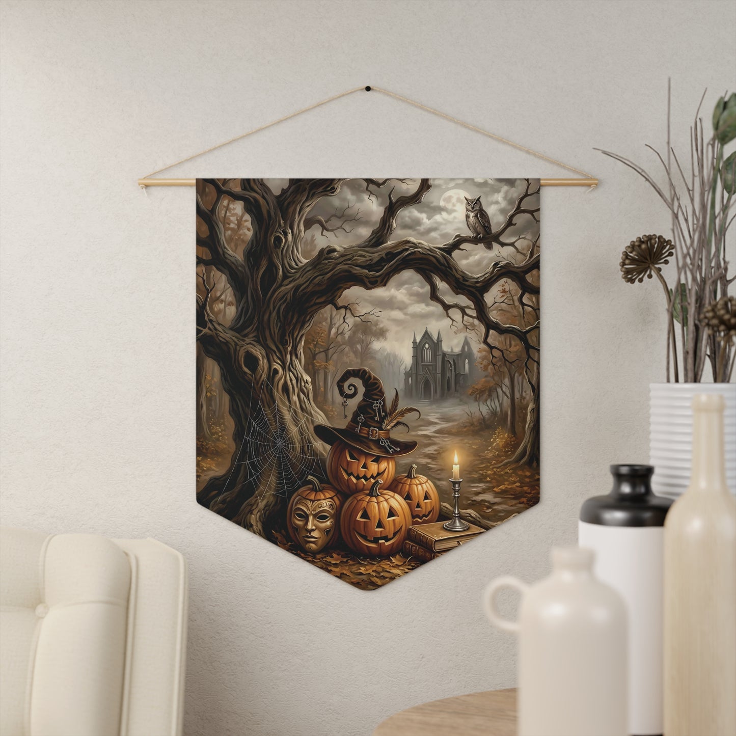 Halloween Pumpkin Pennant Banner — Spooky Haunted Tree & Jack-o'-Lantern Wall Flag