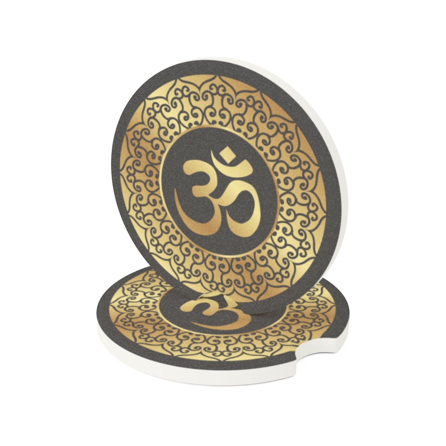 Om Symbol Soapstone Car Coaster — Gold Mandala Cup Holder Insert