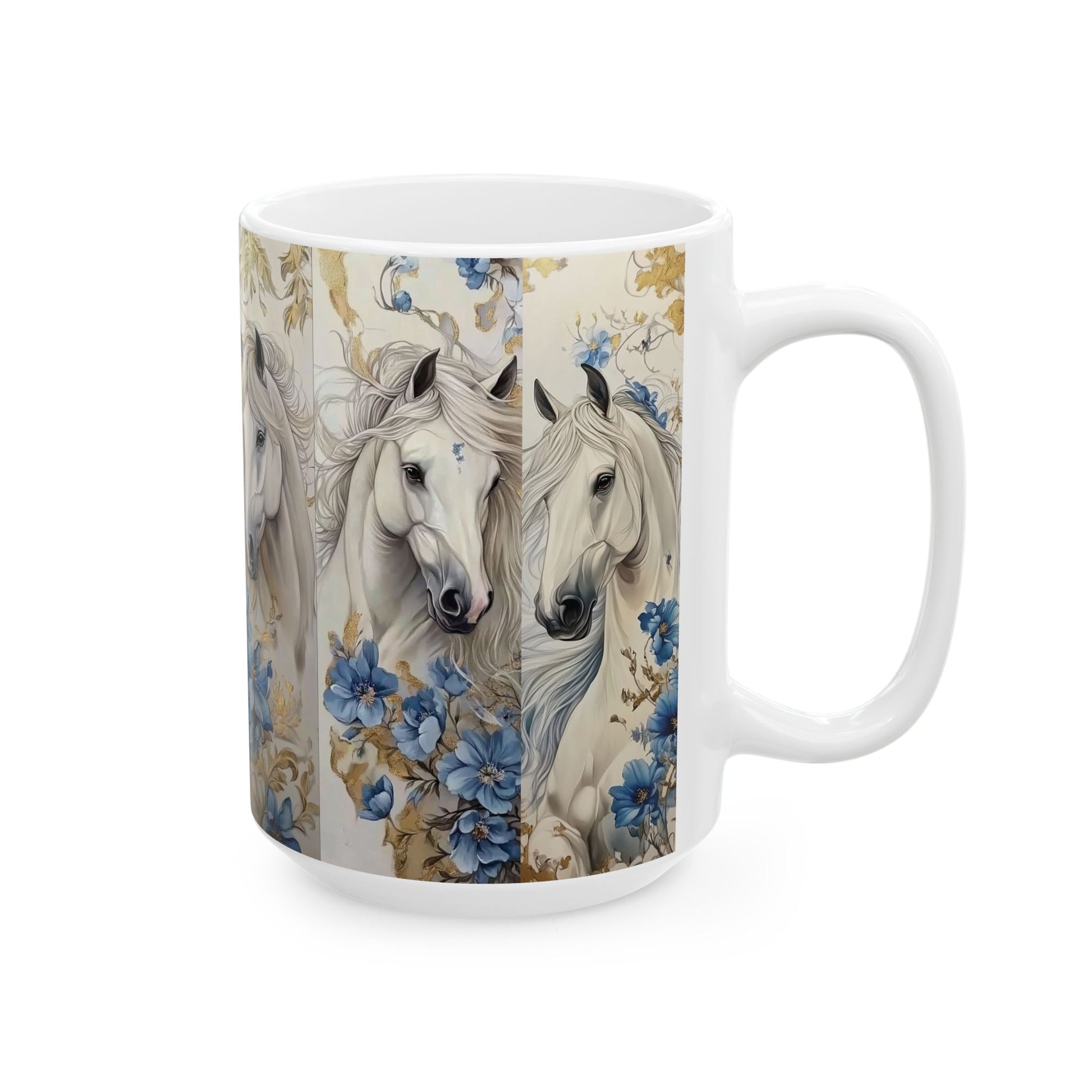 Horse Floral Ceramic Mug — Elegant White Horse Coffee Cup (15oz)