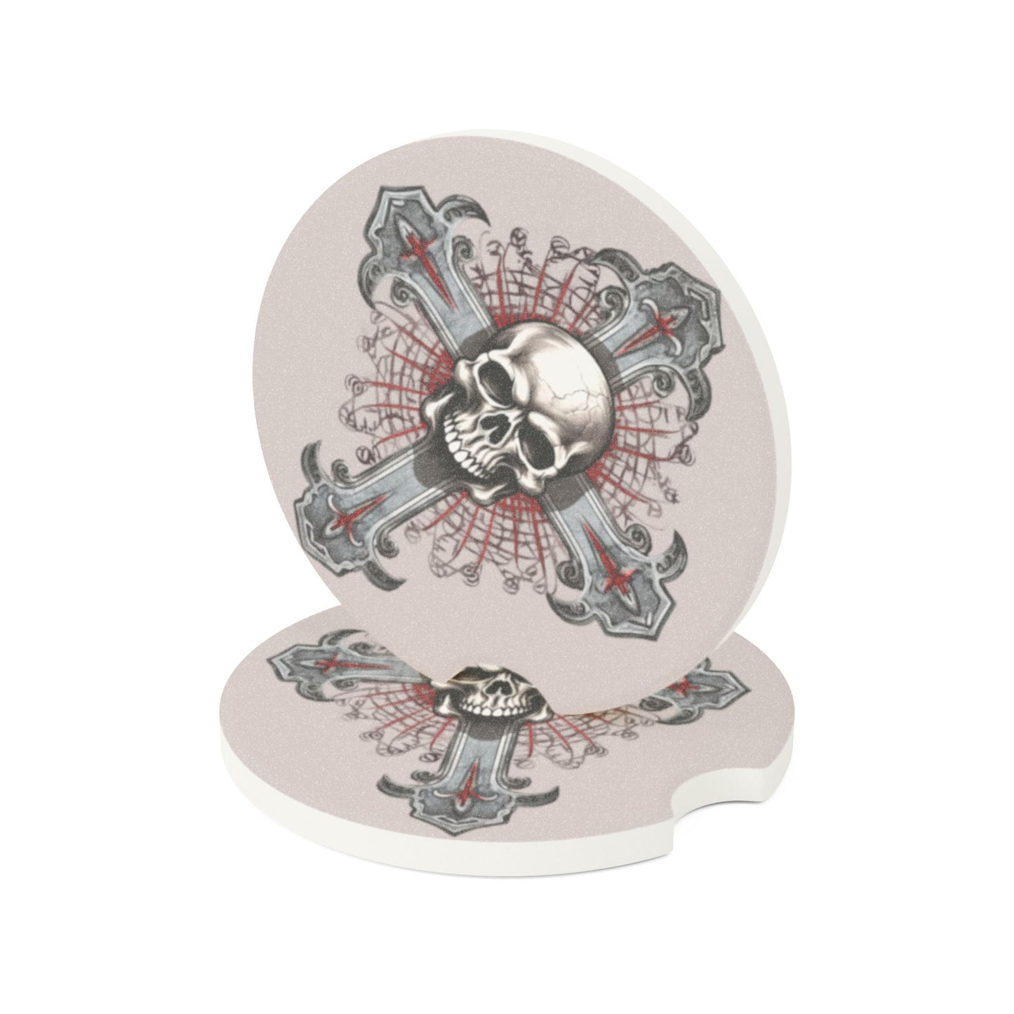 Skull & Cross Soapstone Car Coaster — Gothic Skull Drink Holder Protector