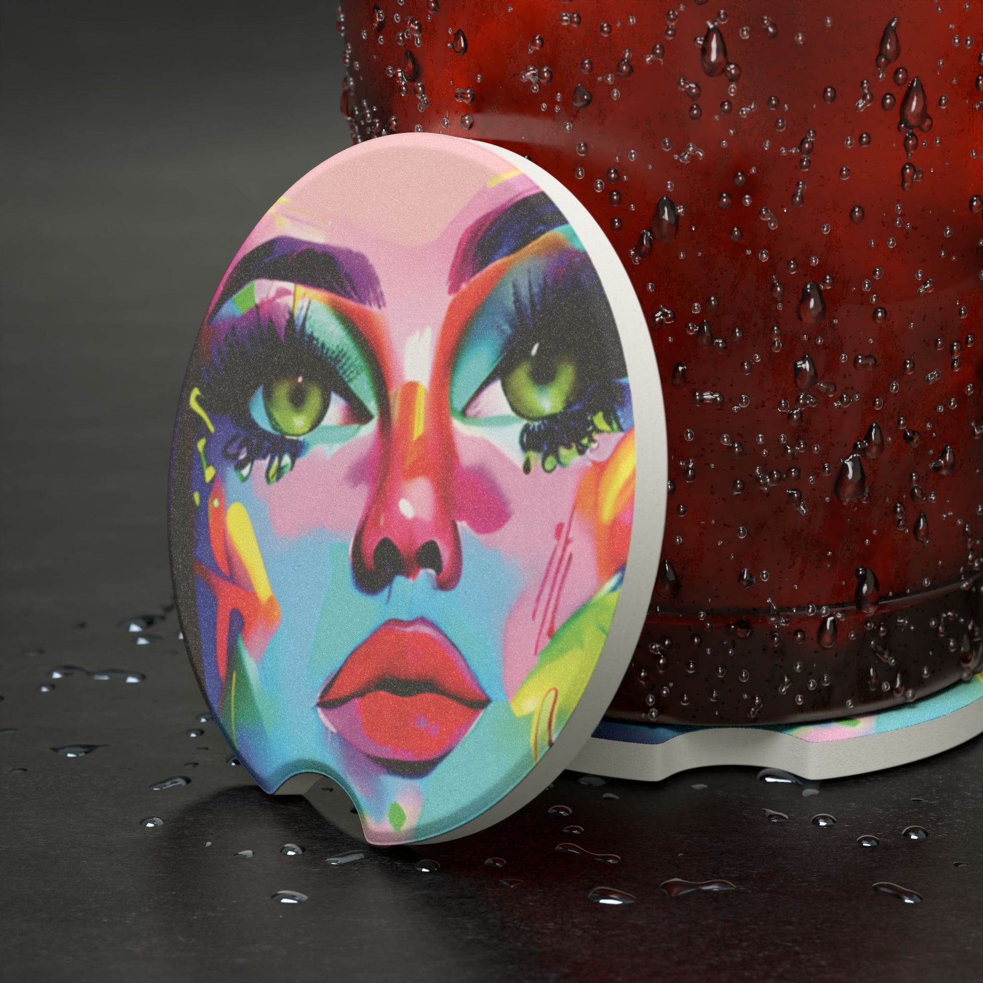 Colorful Abstract Face Soapstone Car Coaster — Vibrant Pop Art Cup Holder Insert
