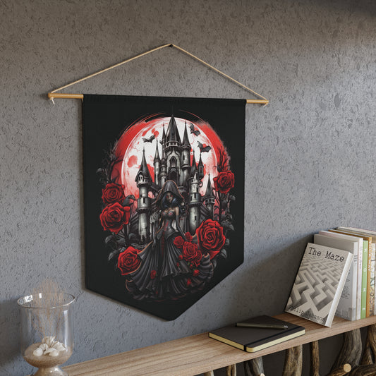 Gothic Castle Pennant — Dark Rose Wall Banner With Witchy Woman In Black