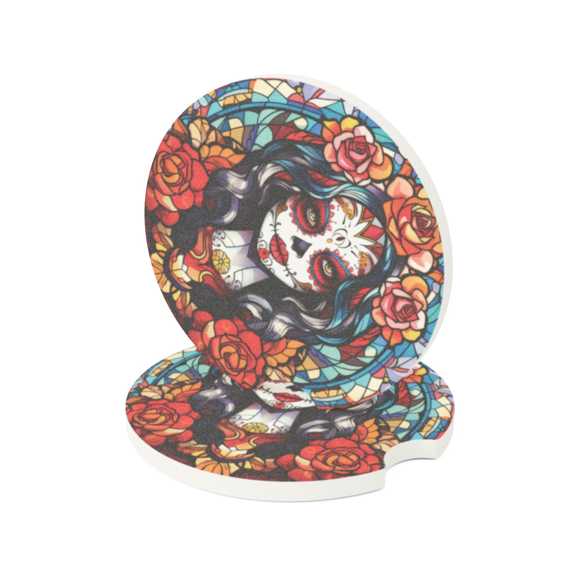 Dia de los Muertos Sugar Skull Car Coaster — Floral Stained-Glass Soapstone Drink Coaster