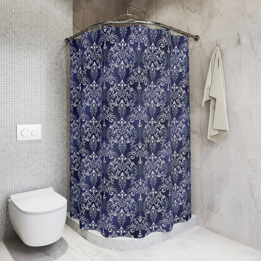 Damask Shower Curtain — Navy Vintage Ornamental Bathroom Decor