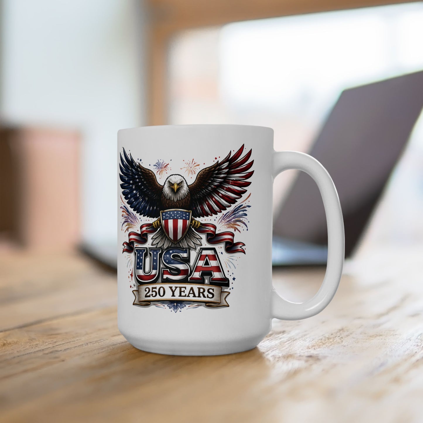 Patriotic Eagle Ceramic Mug - American Flag Wings 250 Years Coffee Cup (15oz)