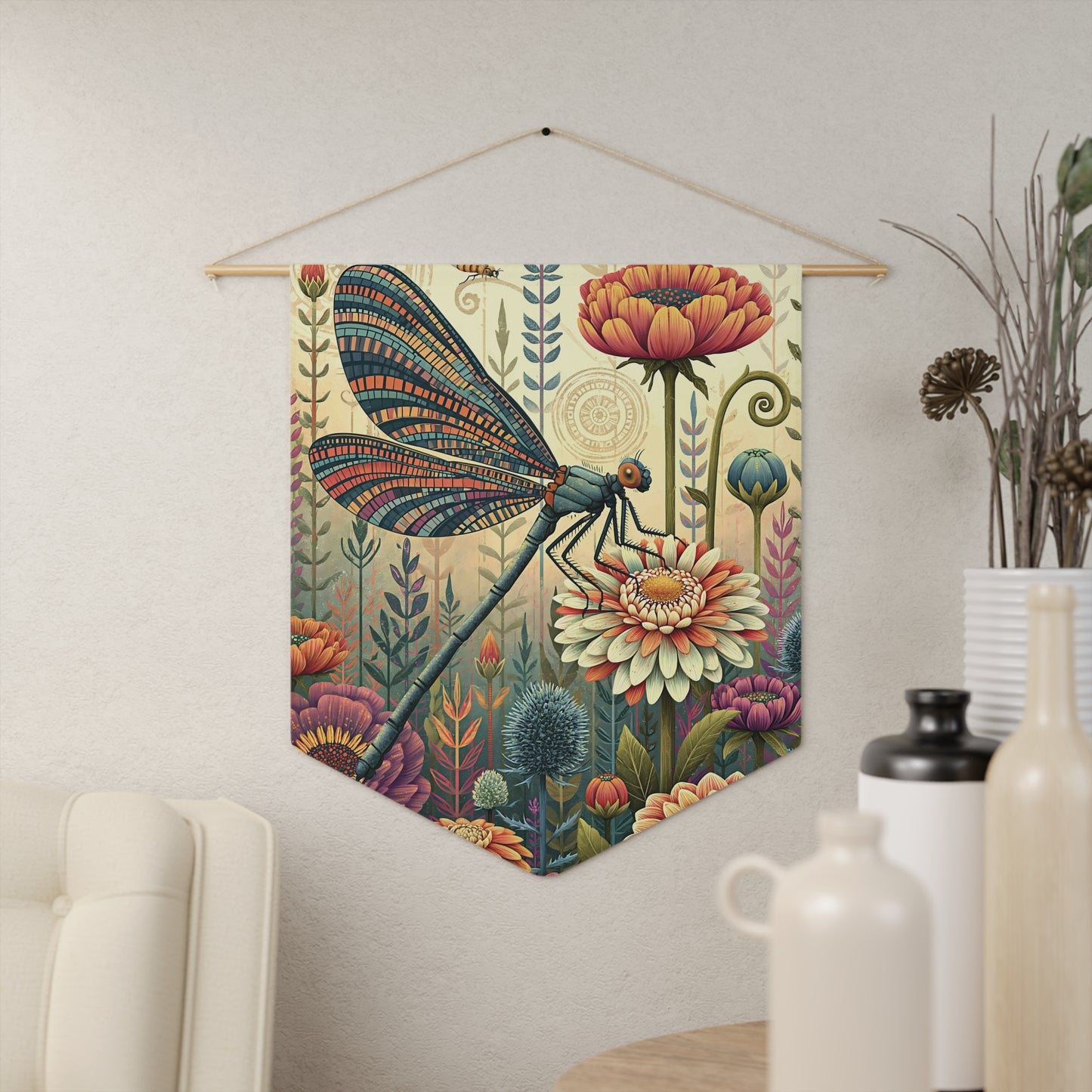 Dragonfly Floral Pennant Wall Banner — Boho Botanical Home Decor