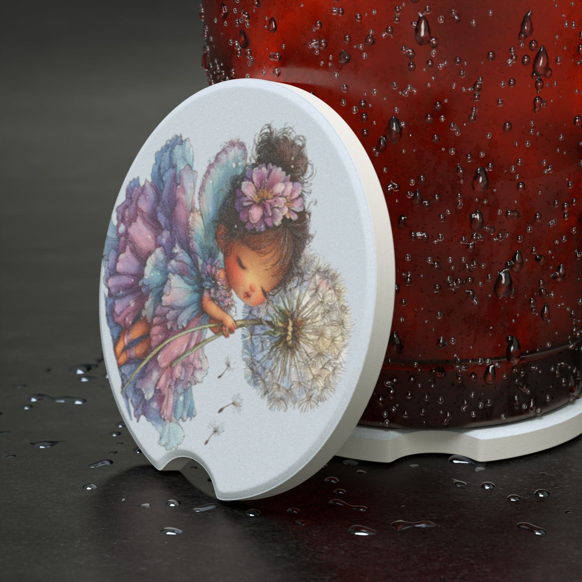 Soapstone Car Coaster — Whimsical Fairy Girl Dandelion Design