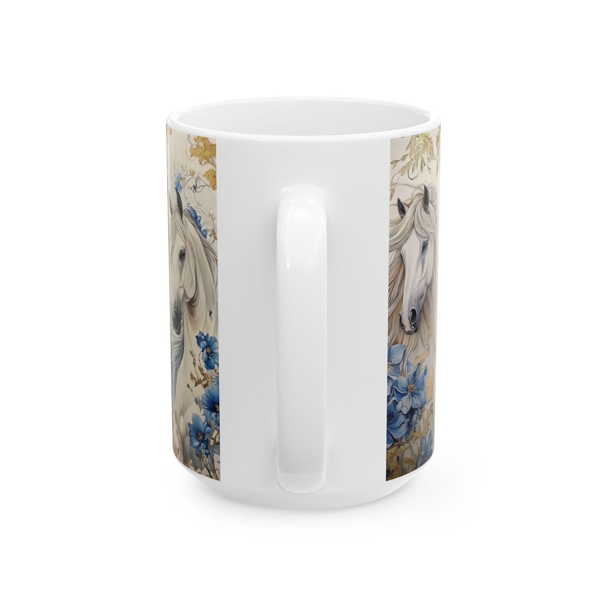 Horse Floral Ceramic Mug — Elegant White Horse Coffee Cup (15oz)