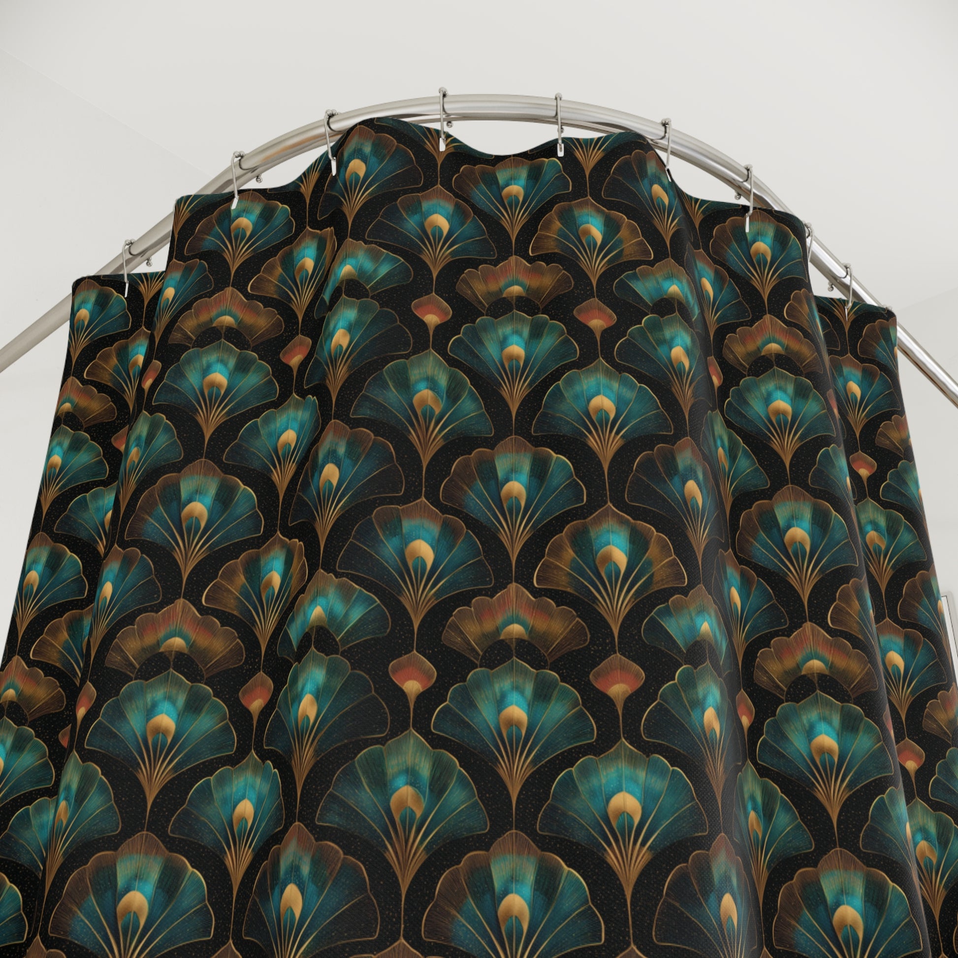 Peacock Feather Pattern Shower Curtain — Teal & Bronze Art Deco Bath Curtain