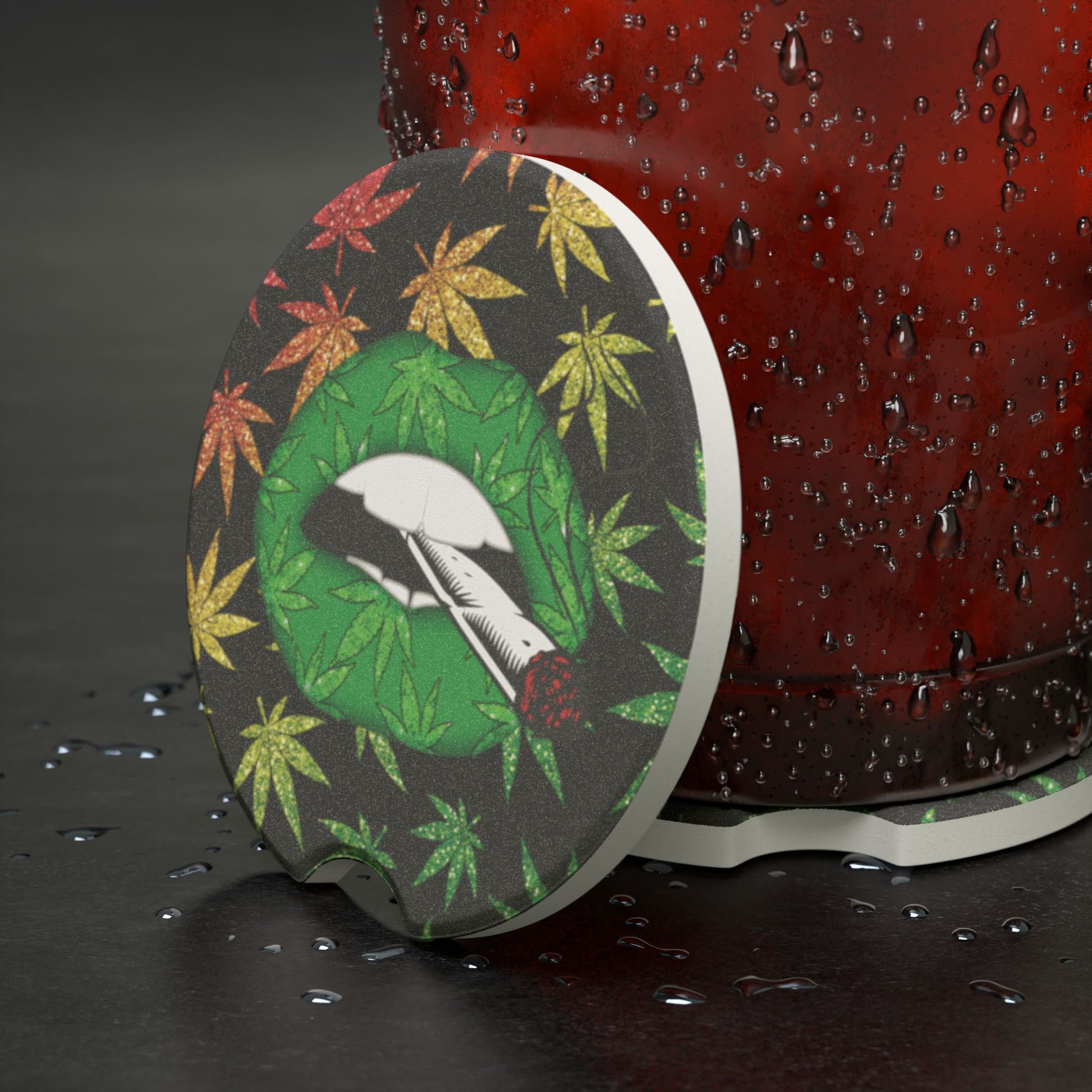 Soapstone Car Coaster — Cannabis Leaf Rolling Joint Design (Car Cup Holder Protector)