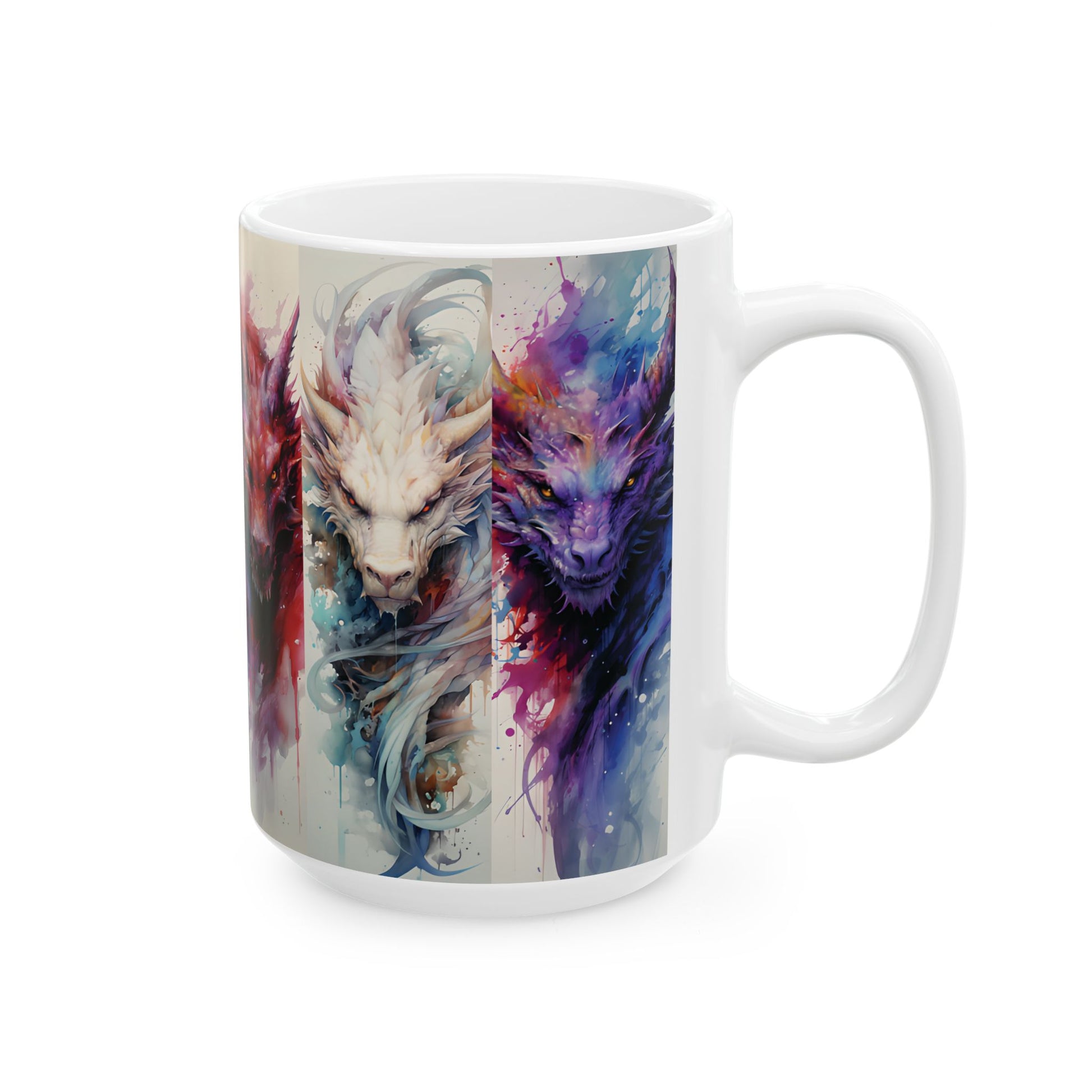 Watercolor Dragon Mug — Mystical Dragons Faces Ceramic Coffee Cup (15oz)