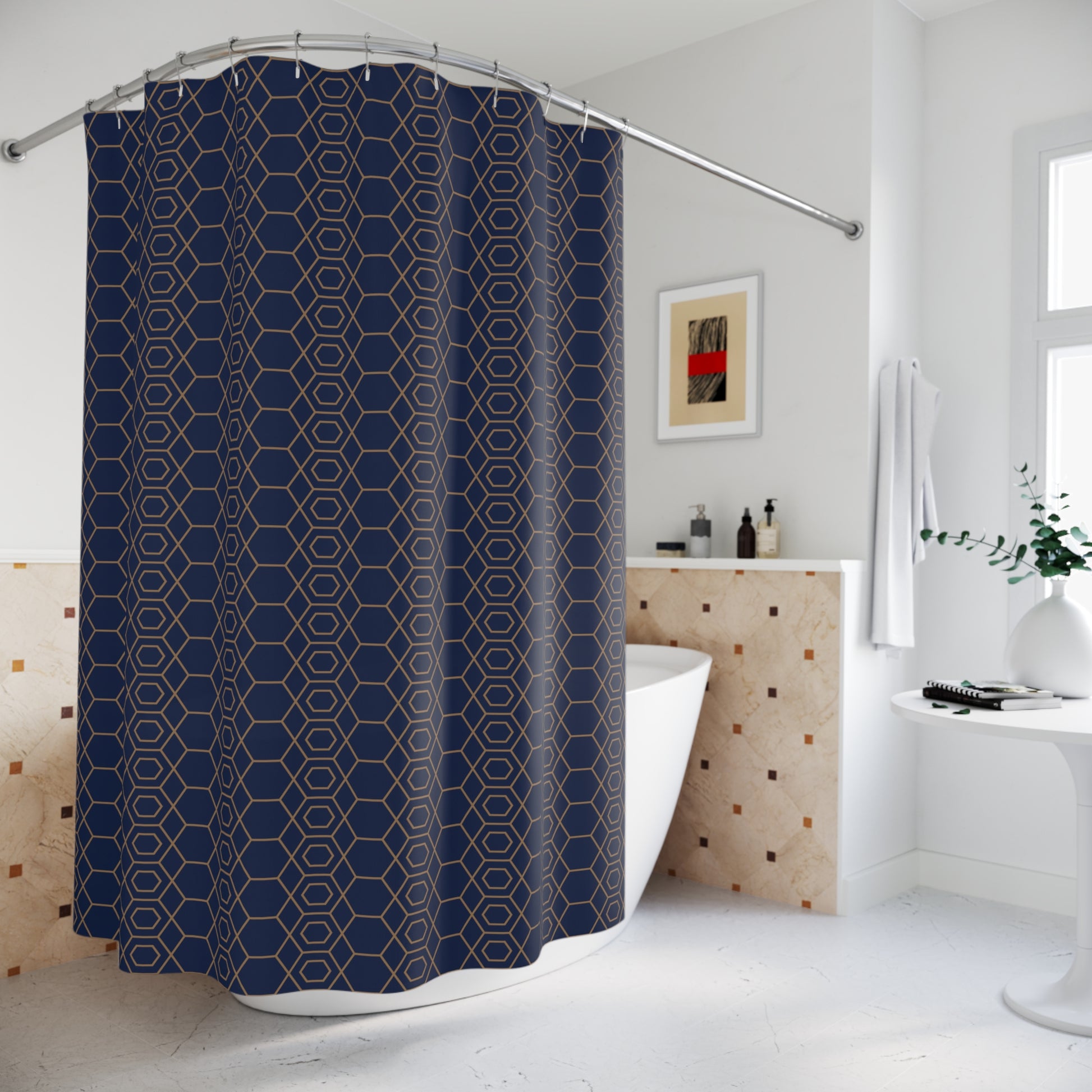 Geometric Shower Curtain - Dark Blue and Gold Print