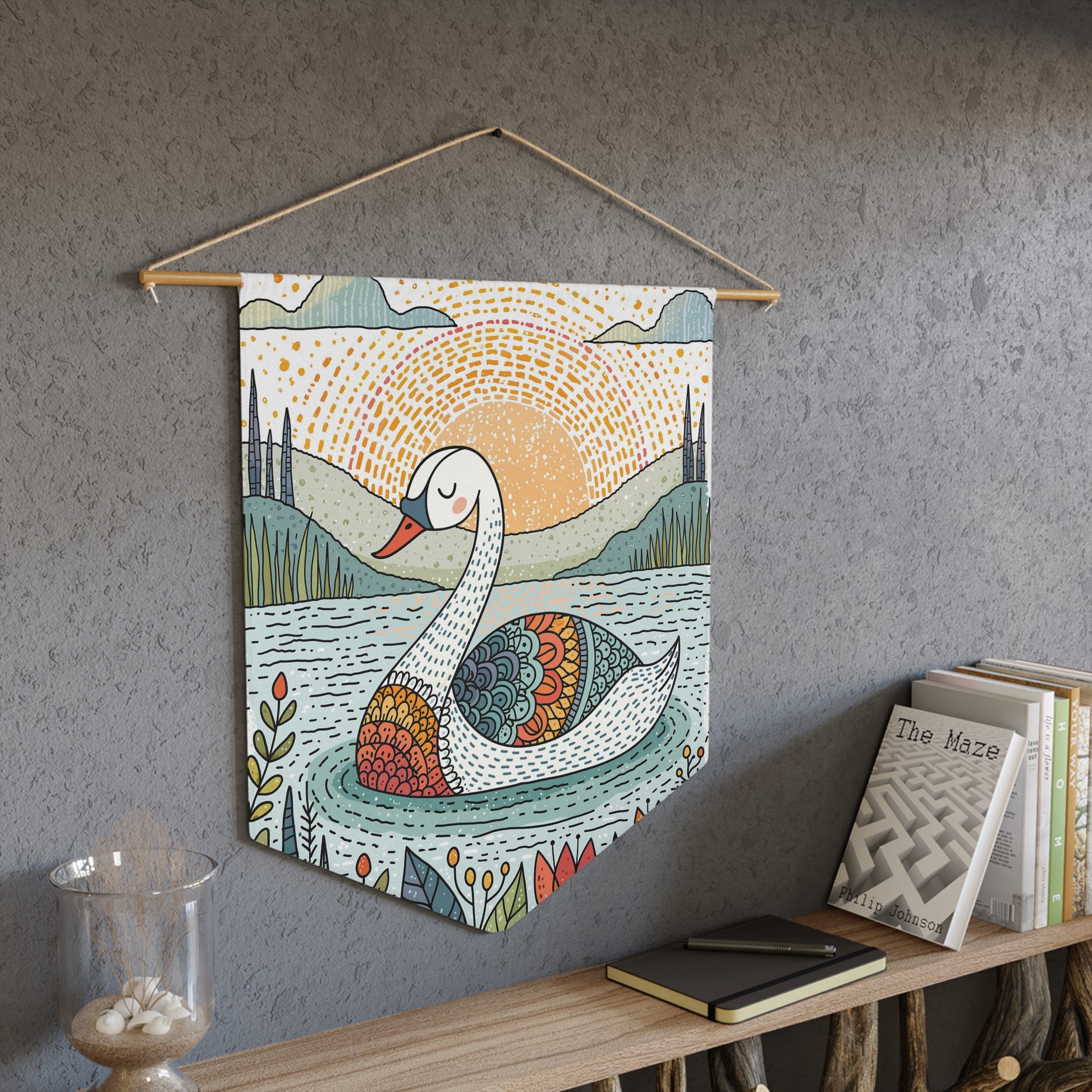 Swan Sunrise Pennant Wall Banner — Boho Folk Art Nursery Decor