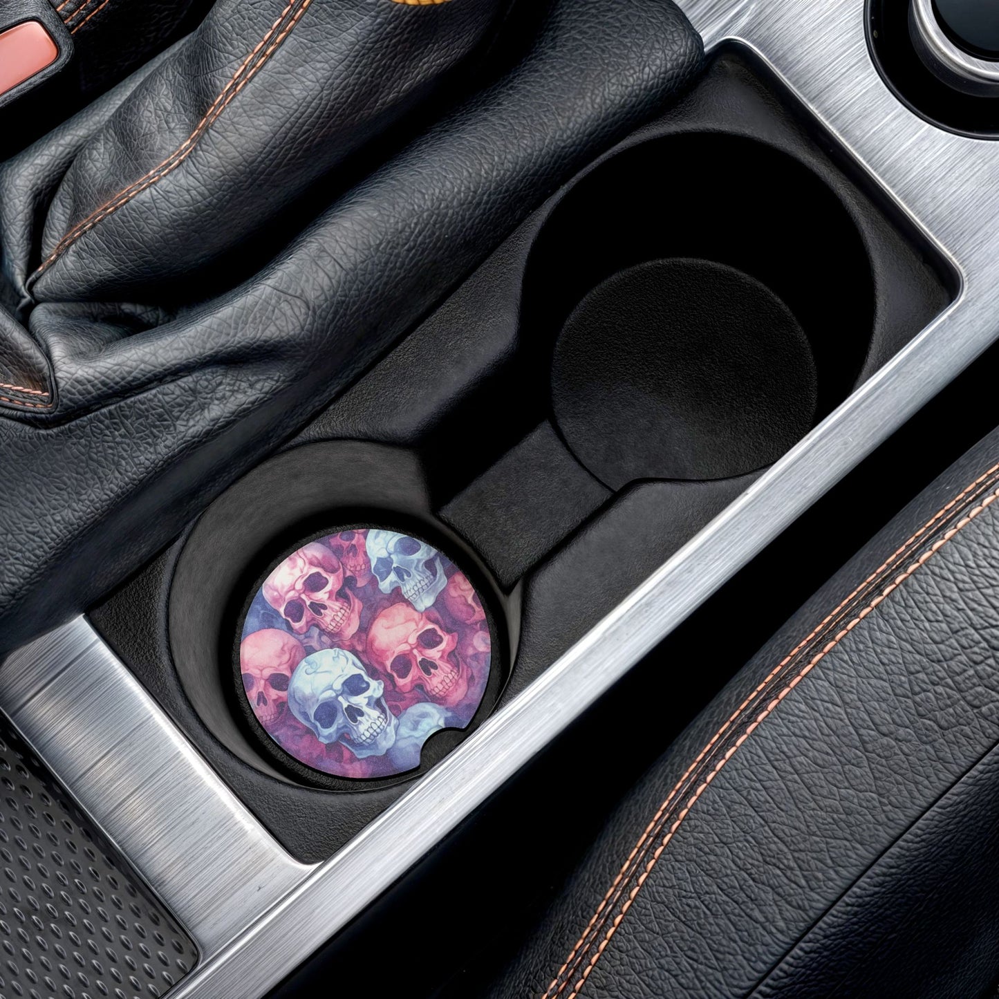 Skull Pattern Soapstone Car Coaster — Colorful Watercolor Skull Drink Holder Protector