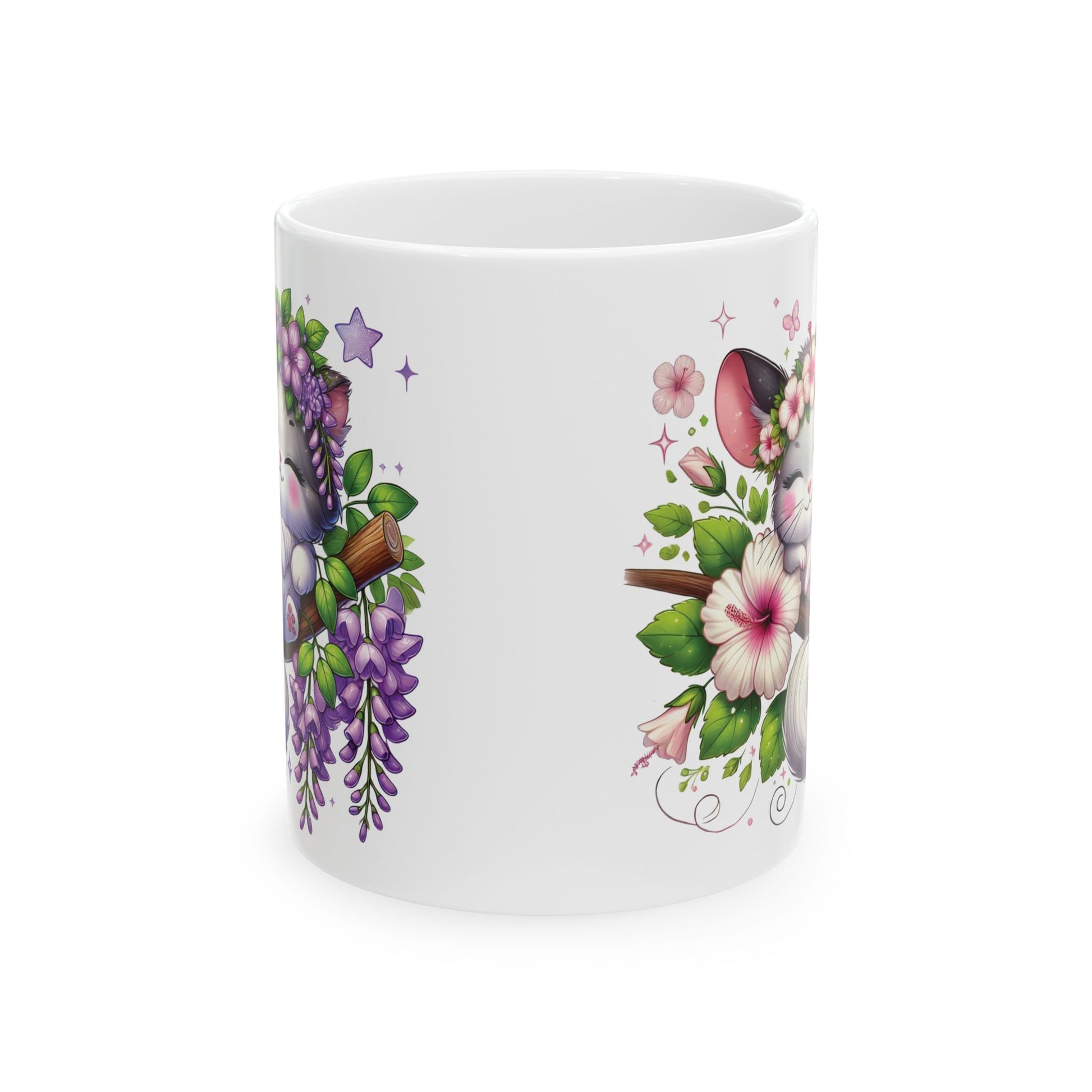 Floral Kitty And Chinchilla Ceramic Mug (11oz) — Spring Blooms And Sleepy Animals Coffee Cup
