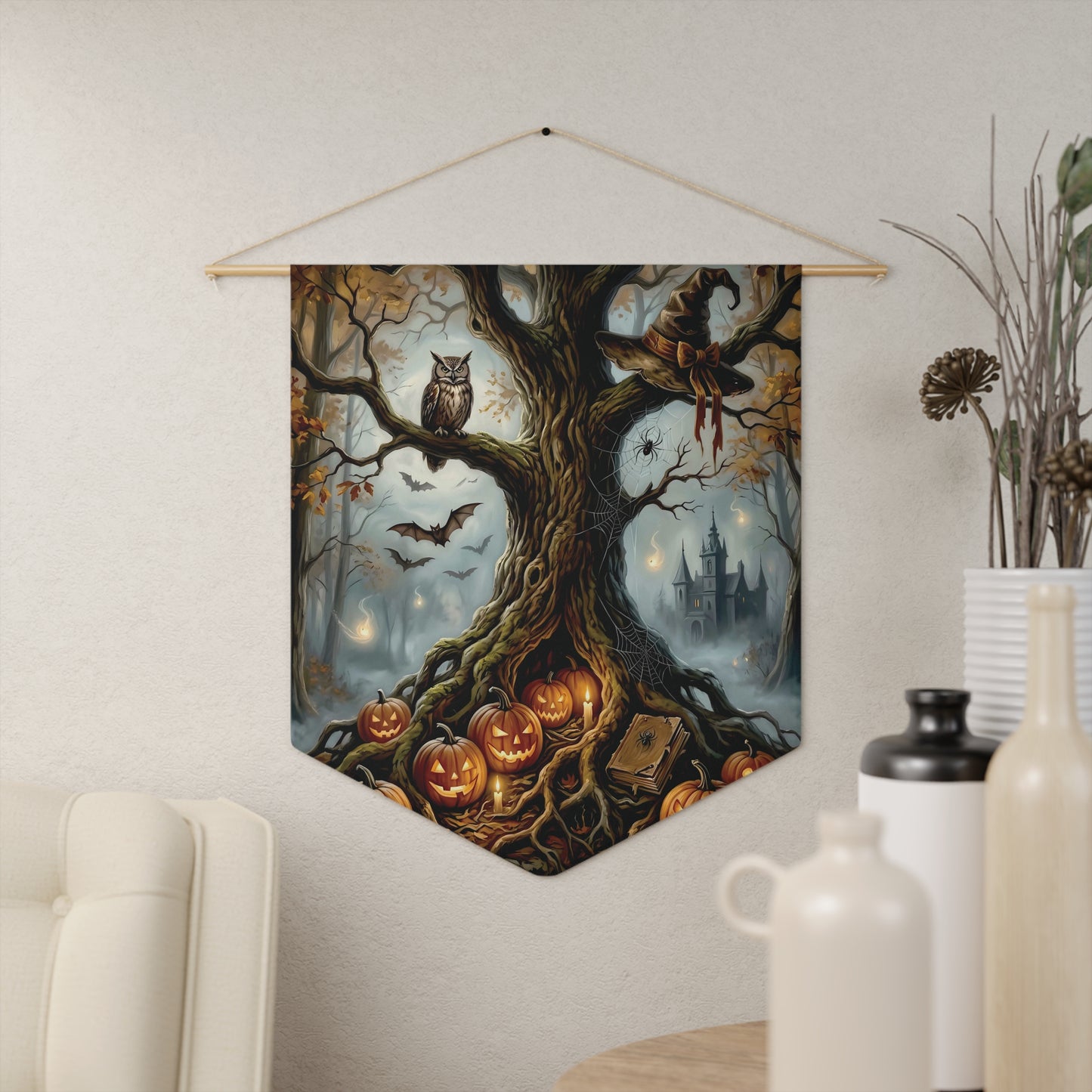 Halloween Pumpkin Tree Pennant — Spooky Owl & Haunted Castle Wall Banner