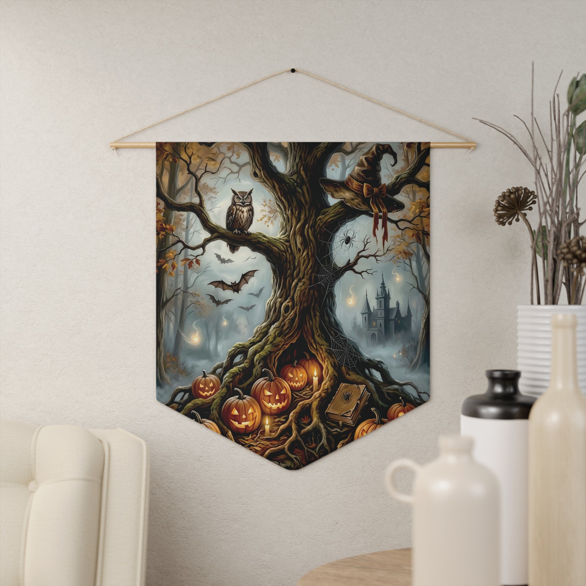 Halloween Pumpkin Tree Pennant — Spooky Owl & Haunted Castle Wall Banner