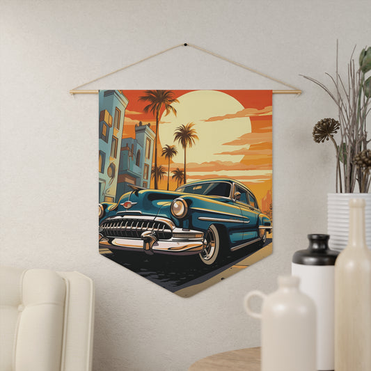 Vintage Sunset Classic Car Pennant — Retro Palm Beach Roadtrip Wall Banner