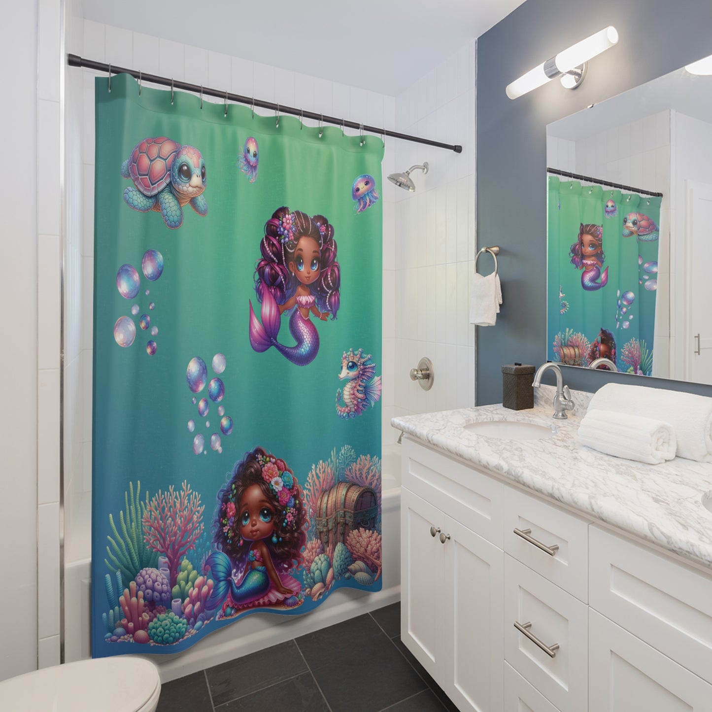 Cute Mermaid Shower Curtain — Colorful Underwater Kids Bath Decor with Sea Creatures